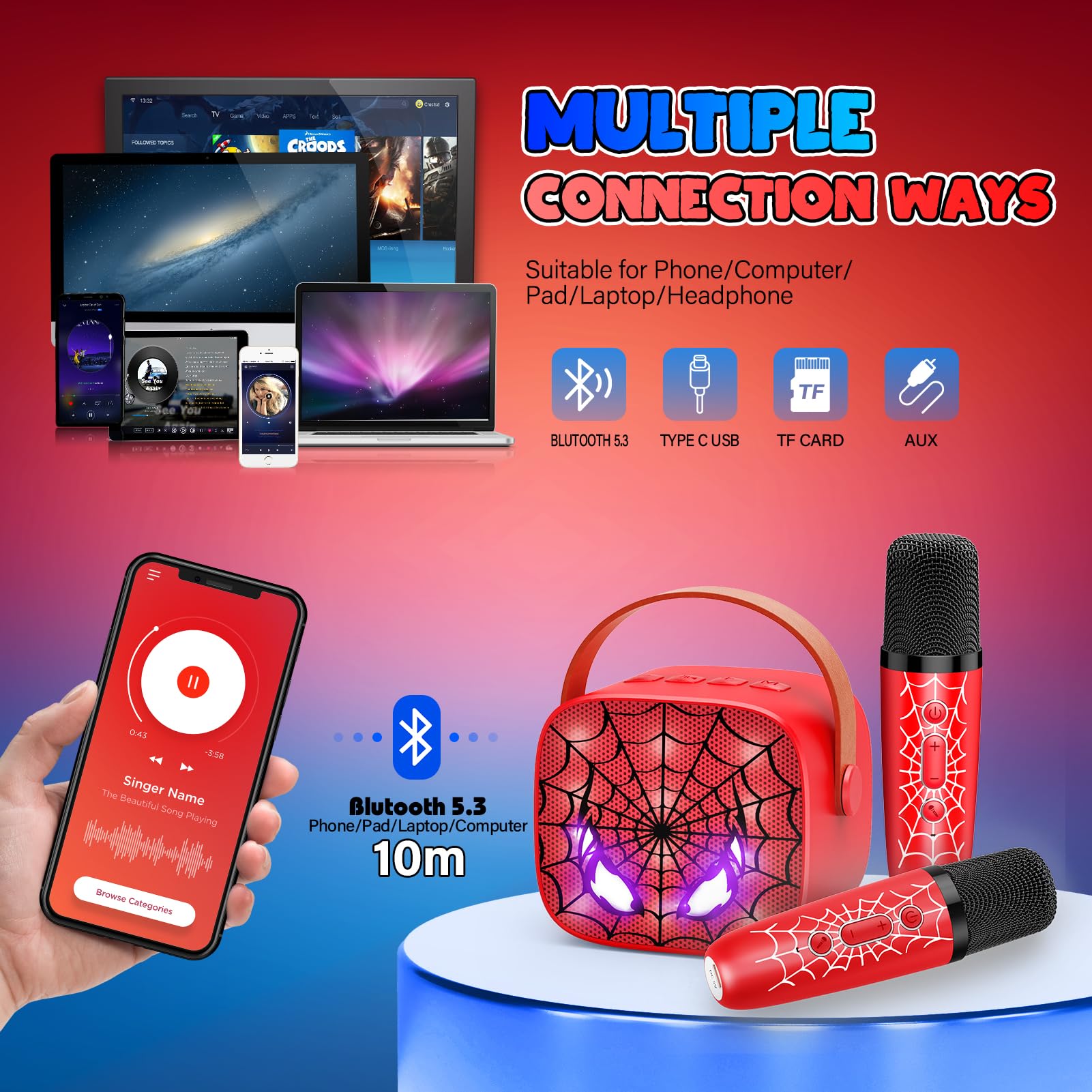 Portable Bluetooth Karaoke Machine with 2 Mics - Kids Gift for Birthday & Parties
