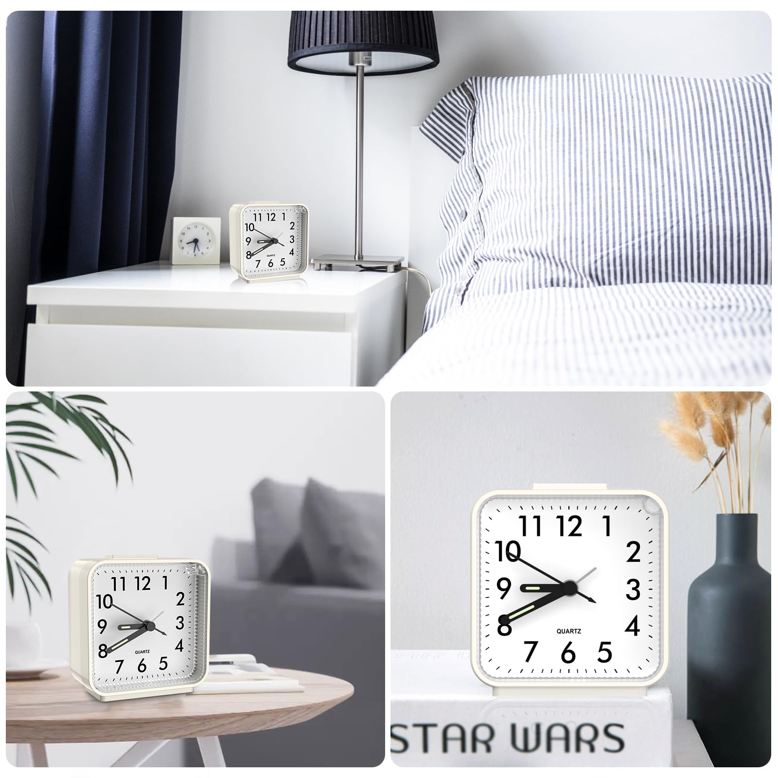ORIA Silent Alarm Clock with Large Luminous Display - Battery Operated Bedside Clock with Snooze & Night Light - Gentle Wake-Up for Elderly & Light Sleepers (1AA Battery Not Included, Beige) - Perfect for Bedrooms, Nightstands & Travel