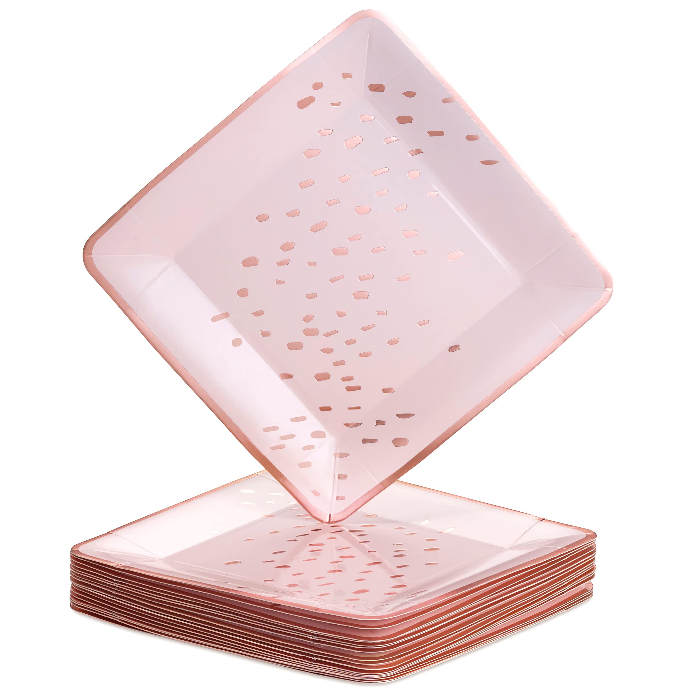 Premium 7 Inch Heavy Duty Square Disposable Paper Plates - Silver Spoons Abstract Design, Rose Gold Dinnerware Set for Birthday Parties, Baby Showers, Weddings & Special Events (18-Piece, Elegant Pink) - Perfect for Desserts, Appetizers & Stylish Table Settings