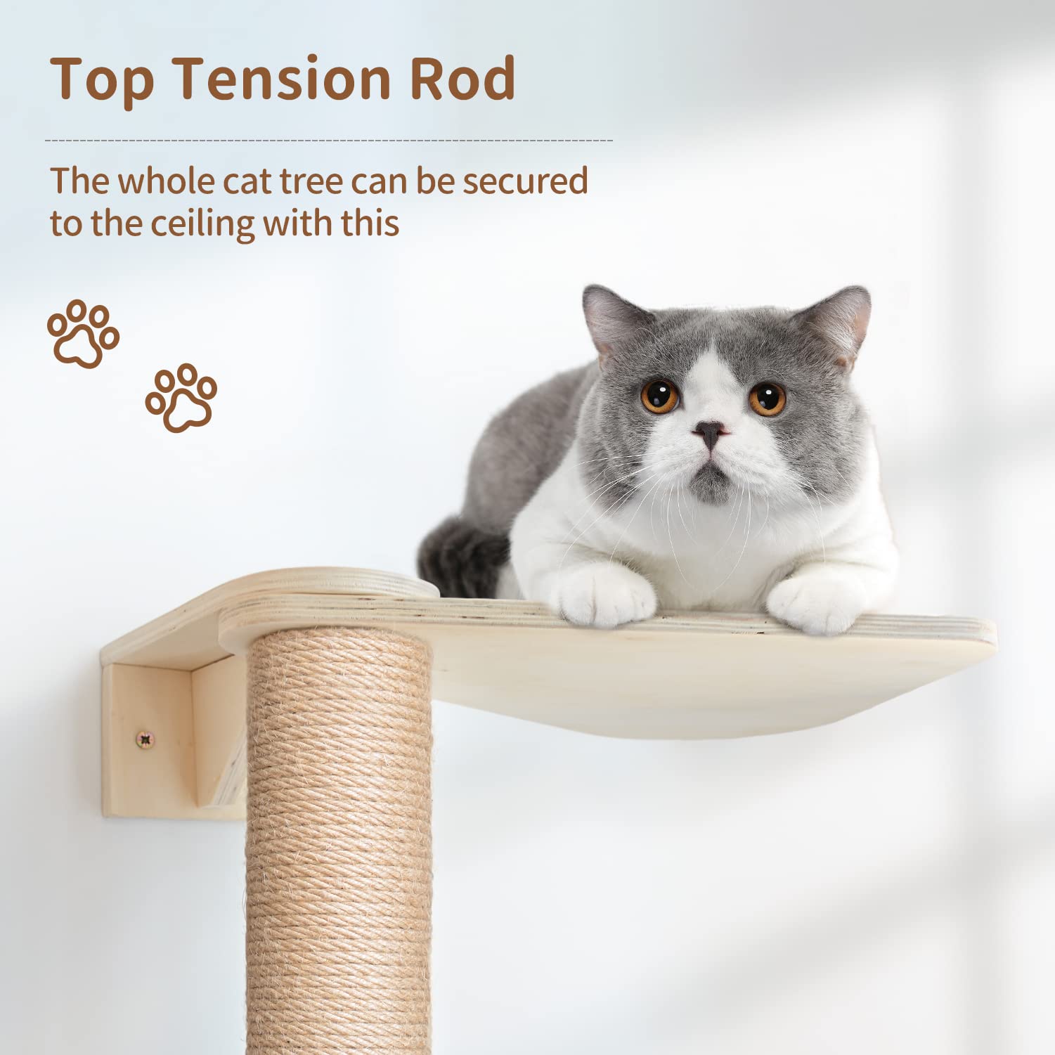 Adjustable Wooden Cat Tower Floor to Ceiling - 3-Tier Cat Tree with Natural Sisal Rope, Tall Cat Scratching Post for Climbing & Play - Perfect for Small Spaces & Multi-Cat Homes