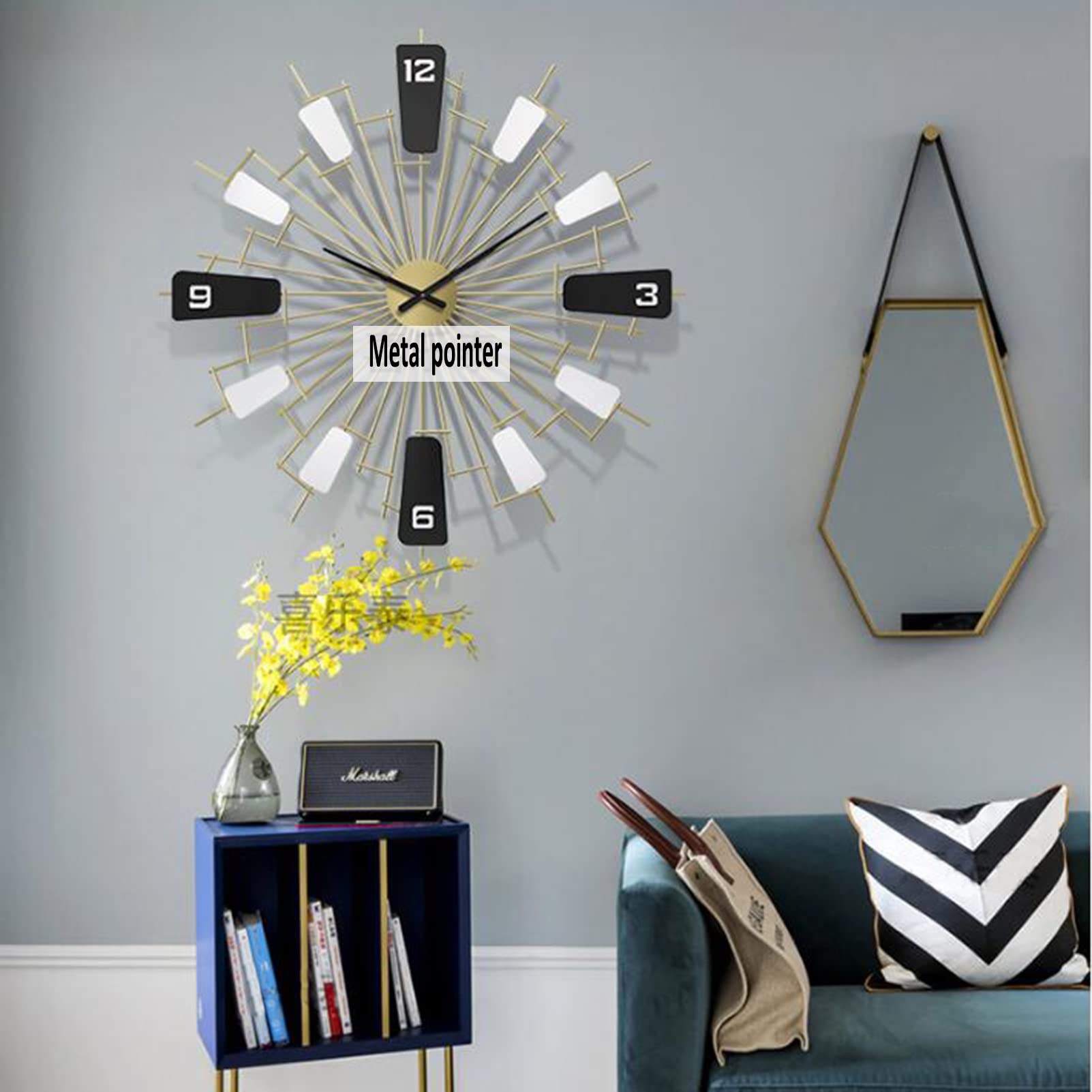 Modern Large Starburst Wall Clock - 26 Inch Silent Non-Ticking Metal Clock for Living Room, Kitchen & Bedroom Decor | Black & White Contemporary Design | Perfect for Home, Office and Cafe Wall Decor