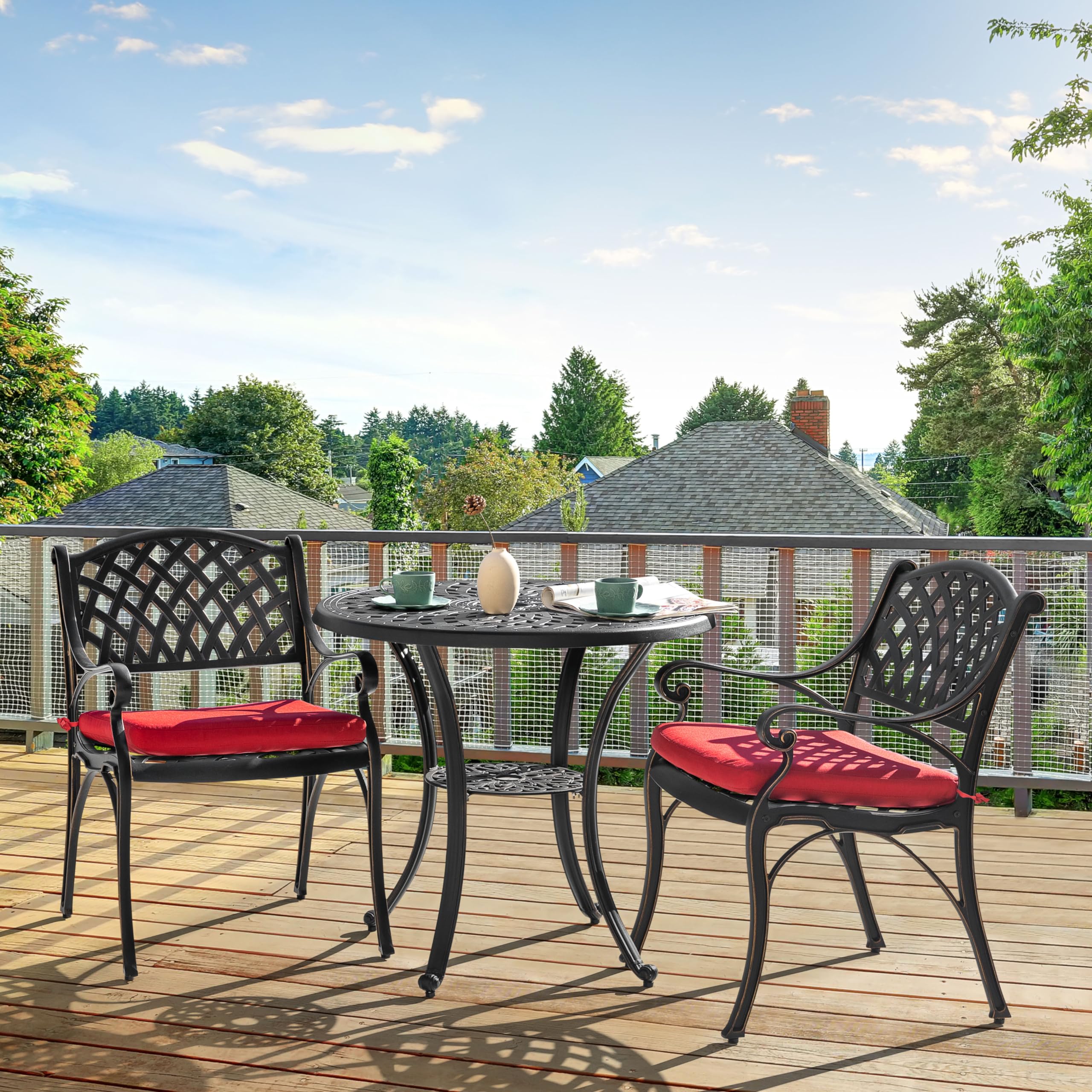 NUU GARDEN 3-Piece Outdoor Bistro Set - Cast Aluminum Patio Table & Chairs with Umbrella Hole & Red Cushions - Rustproof Black Garden Furniture for Backyard, Balcony, Front Porch - Perfect for Outdoor Dining, Relaxing & Entertaining