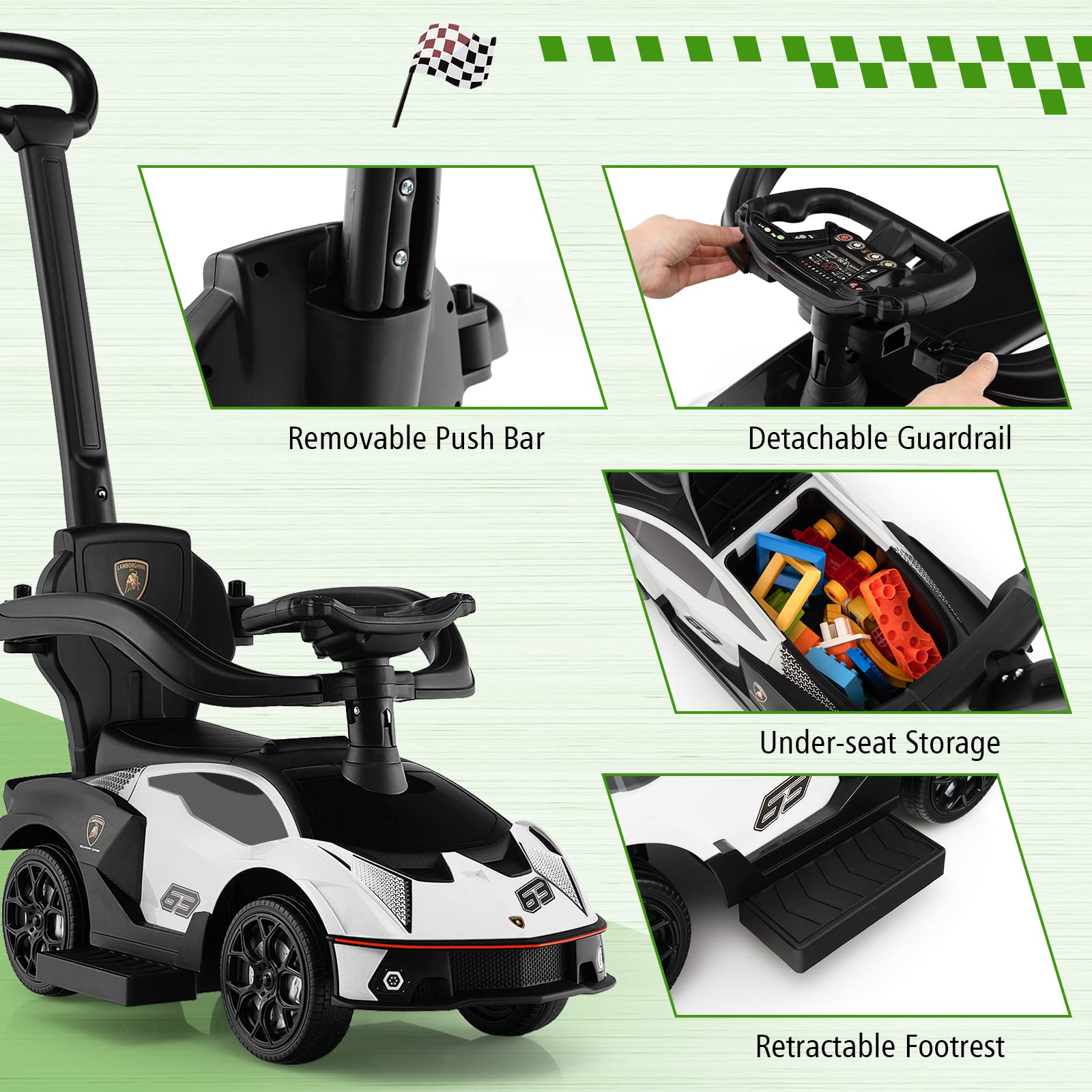 Costzon 3-in-1 Push Car for Toddlers - Licensed Lamborghini Stroller, Ride-On Toy with Handle, Armrest Guardrail & Storage - Foot-to-Floor Walking Car with Horn - Perfect Gift for Boys & Girls (White) - Indoor & Outdoor Play, Birthday & Holiday Present