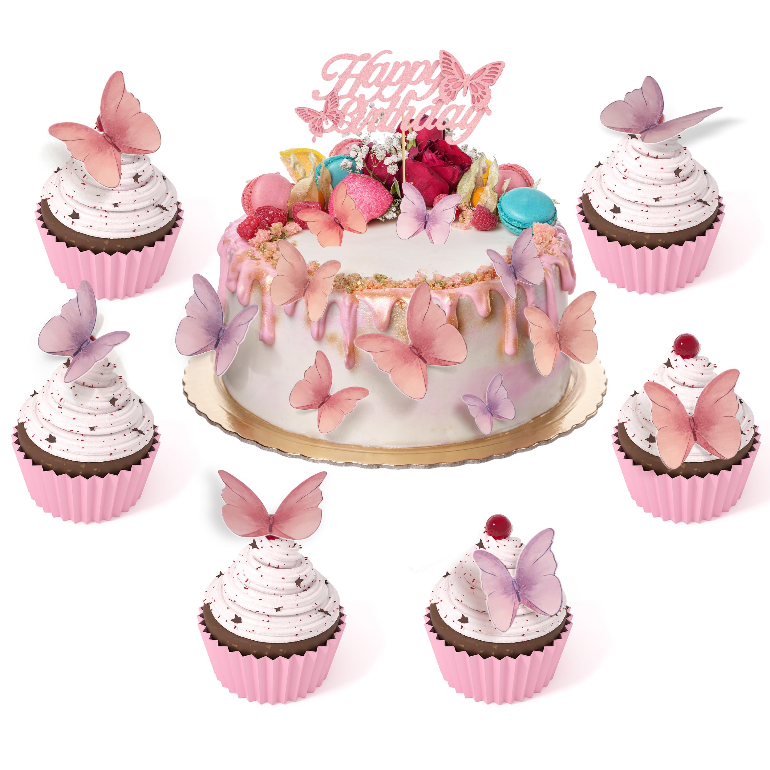 48 Pcs Edible Butterflies for Cake Decorations - 3D Wafer Paper Butterfly Cupcake Toppers, Happy Birthday Cake Topper for Party, Wedding & Baby Shower (Pink & Purple) - Perfect for Birthday Cakes, Cupcakes, Desserts & Special Occasions