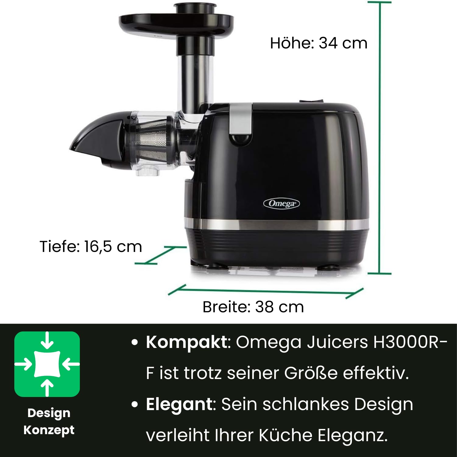 Omega Juicer H3000R Slow Masticating Cold Press Juicer - 150W High Efficiency, Quiet Operation, Nutrient-Rich Juice Extractor (Black) - Perfect for Healthy Smoothies, Detox Drinks & Family Breakfast