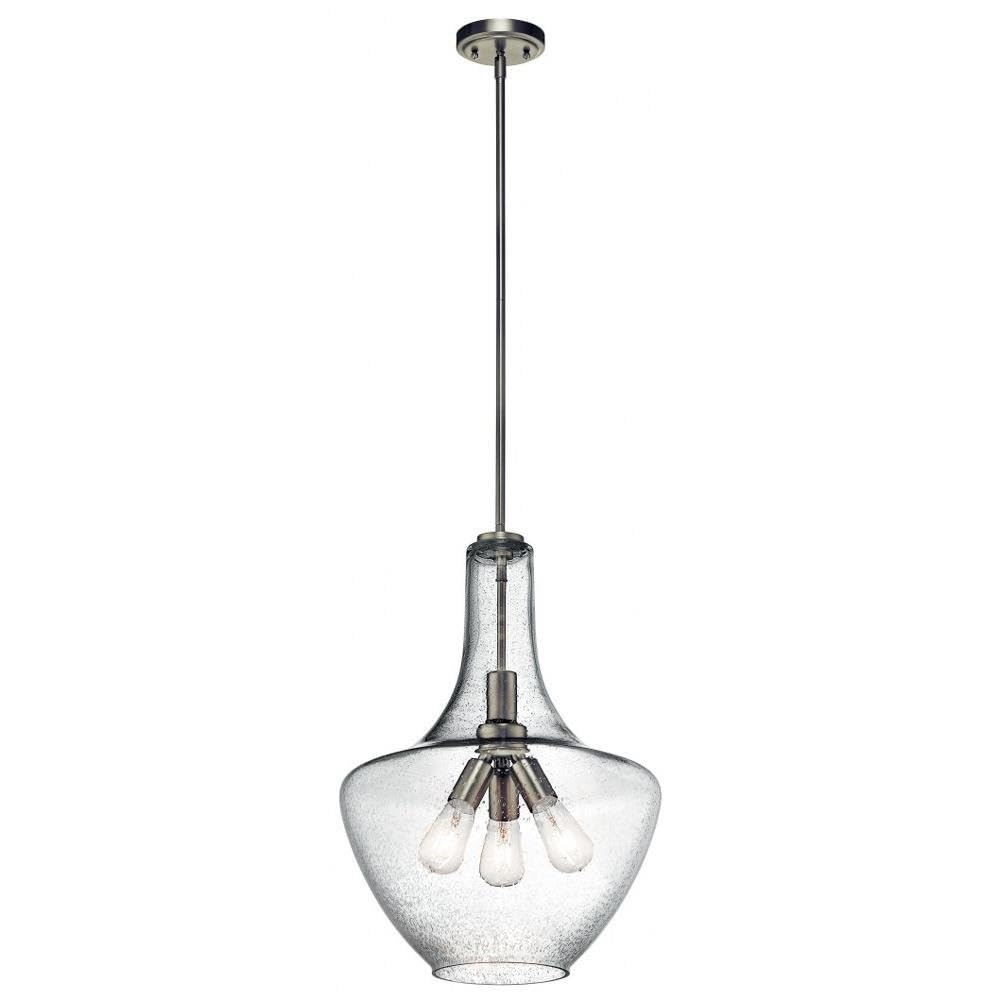 KICHLER Everly 22.75 Inch 3-Light Bell Pendant Light Fixture - Clear Seeded Glass Shade with Brushed Nickel Finish - Perfect for Kitchen Island, Dining Room, and Entryway Lighting