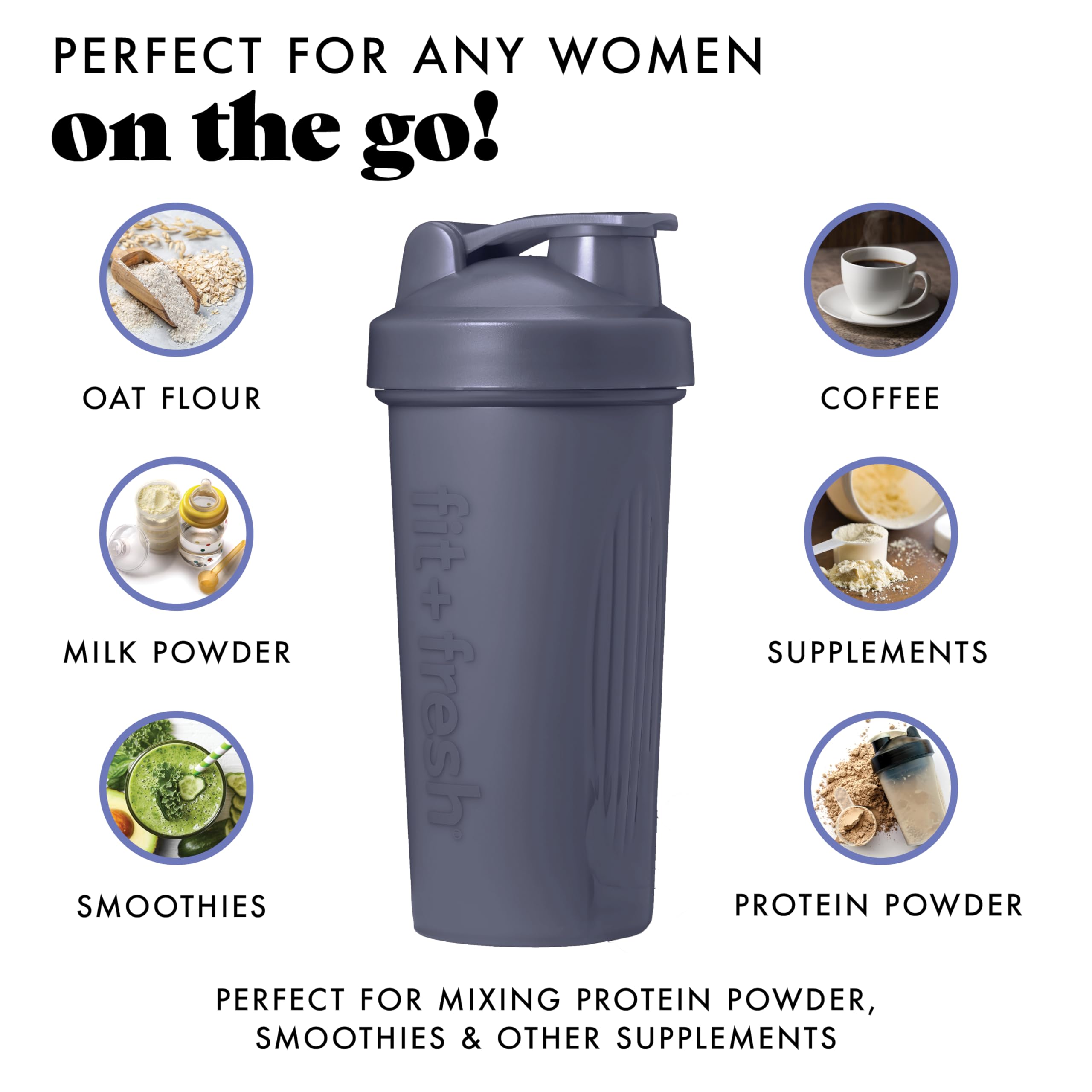 Fit & Fresh 24 oz. Leak Proof Protein Shaker Bottle for Women - Durable Sports Blender Cup with Unique Agitator for Smooth Mixing, Midnight Blue - Perfect for Gym, Workouts & Post-Exercise Recovery
