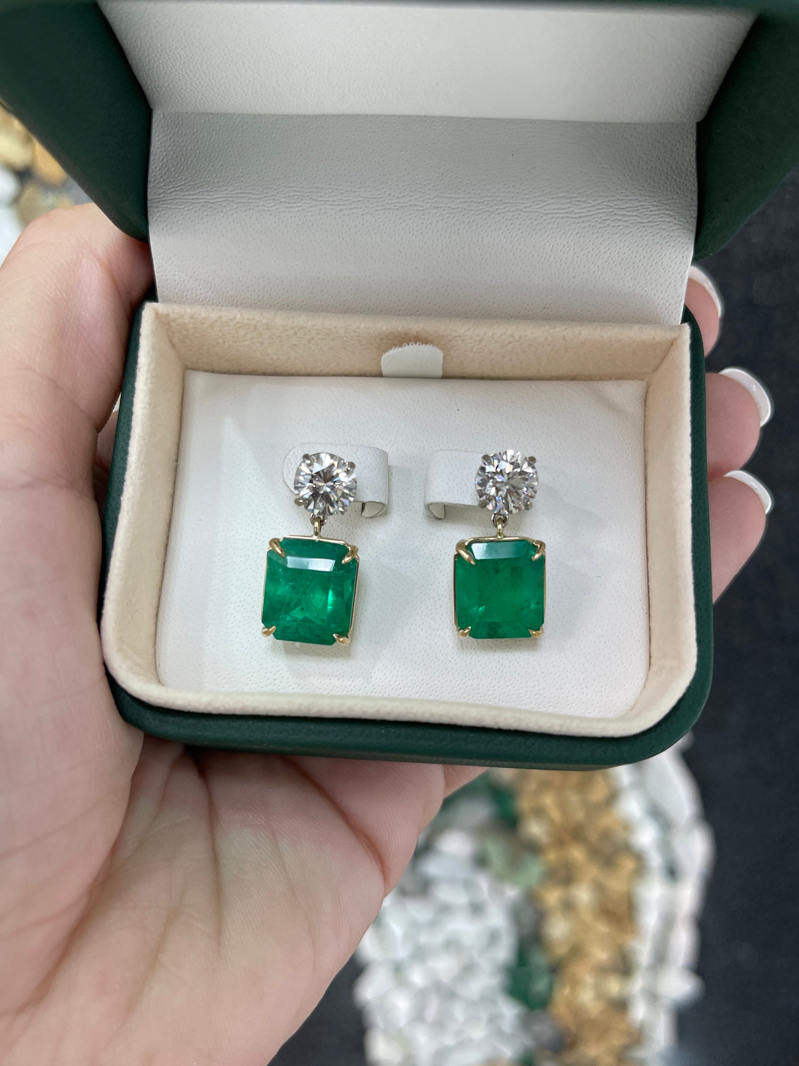 17.72tcw AAA+ Natural Emerald & Diamond Dangle Earrings in 18K Gold/Platinum - Luxury Wedding Jewelry & Evening Party Accessories
