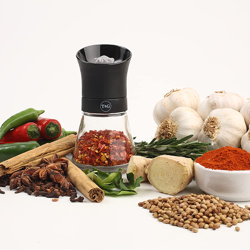 Premium CrushGrind Spice Mill with Removable Glass Jar - 12.5cm Adjustable Ceramic Manual Grinder for Whole Spices, Herbs, Seeds & Chili Flakes - Perfect for Kitchen, Cooking & Gourmet Meal Prep