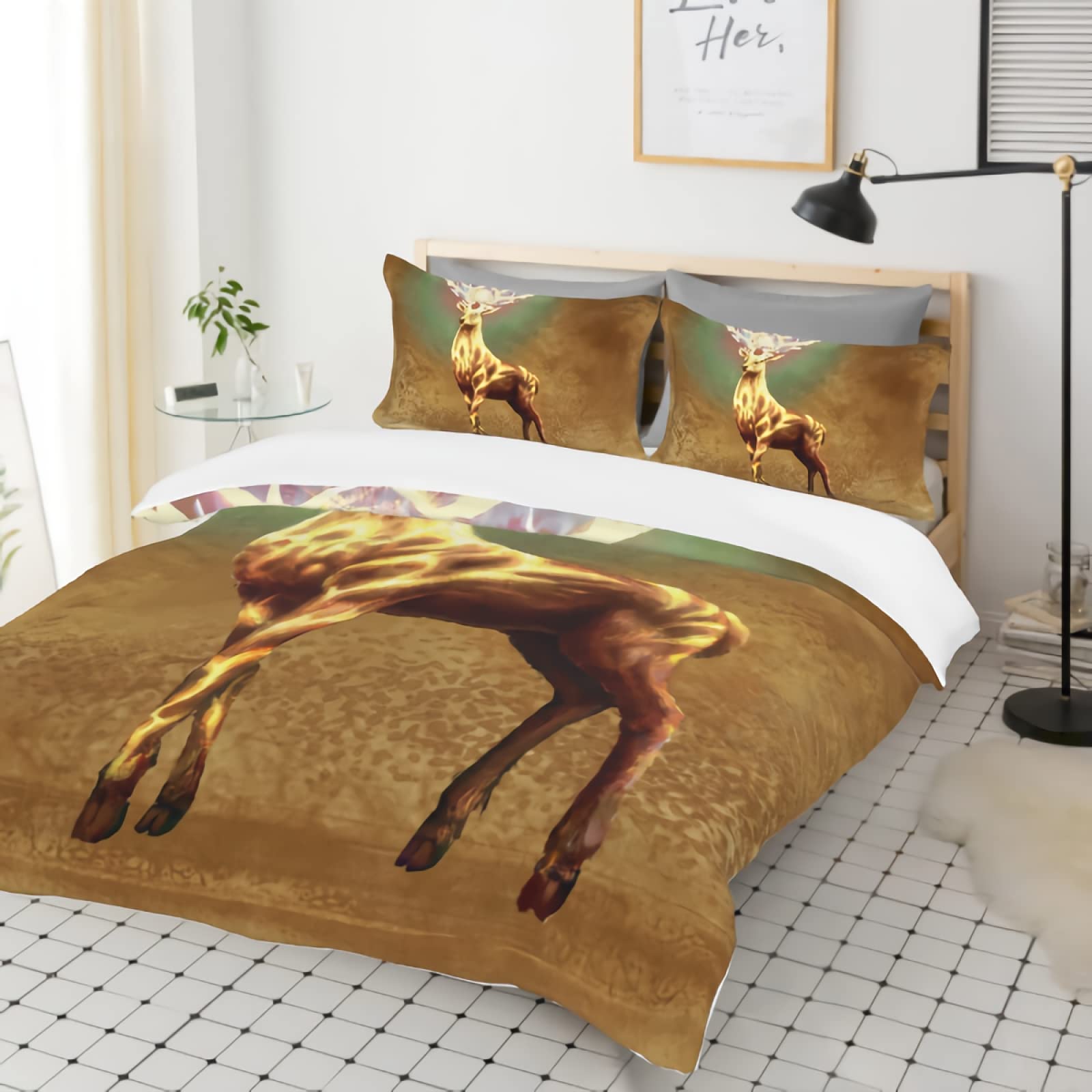 GREDBH Full Deer Pattern Duvet Cover Set - 3 Piece Soft Microfiber Bedding with 2 Pillowcases - Beautiful Deer Painting Design for Cozy Bedroom Decor - Perfect for Winter Warmth and Nature-Themed Home Styling