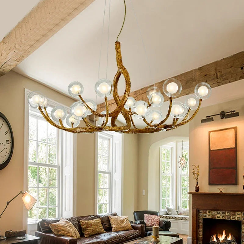 Rustic Farmhouse Branch Chandelier with Glass Orbs - Vintage Wooden Ceiling Light Fixture for Dining Room, Bedroom, or Living Room Decor