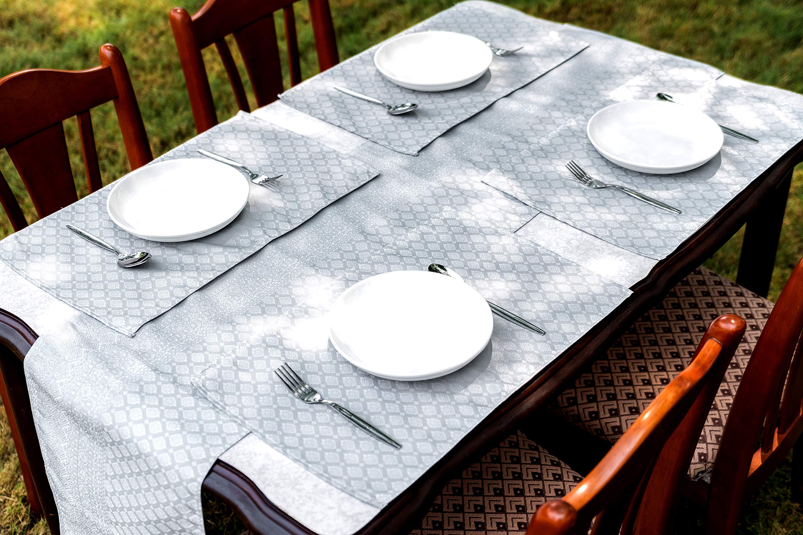 AMORNPHAN Traditional Thai Silk Damask Brocade Table Runner & Placemats Set - 100% Handcrafted Woven Fabric, Washable Dining Table Decor (1 Runner + 4 Placemats) - Perfect for Elegant Dinner Parties, Wedding Receptions & Home Decor
