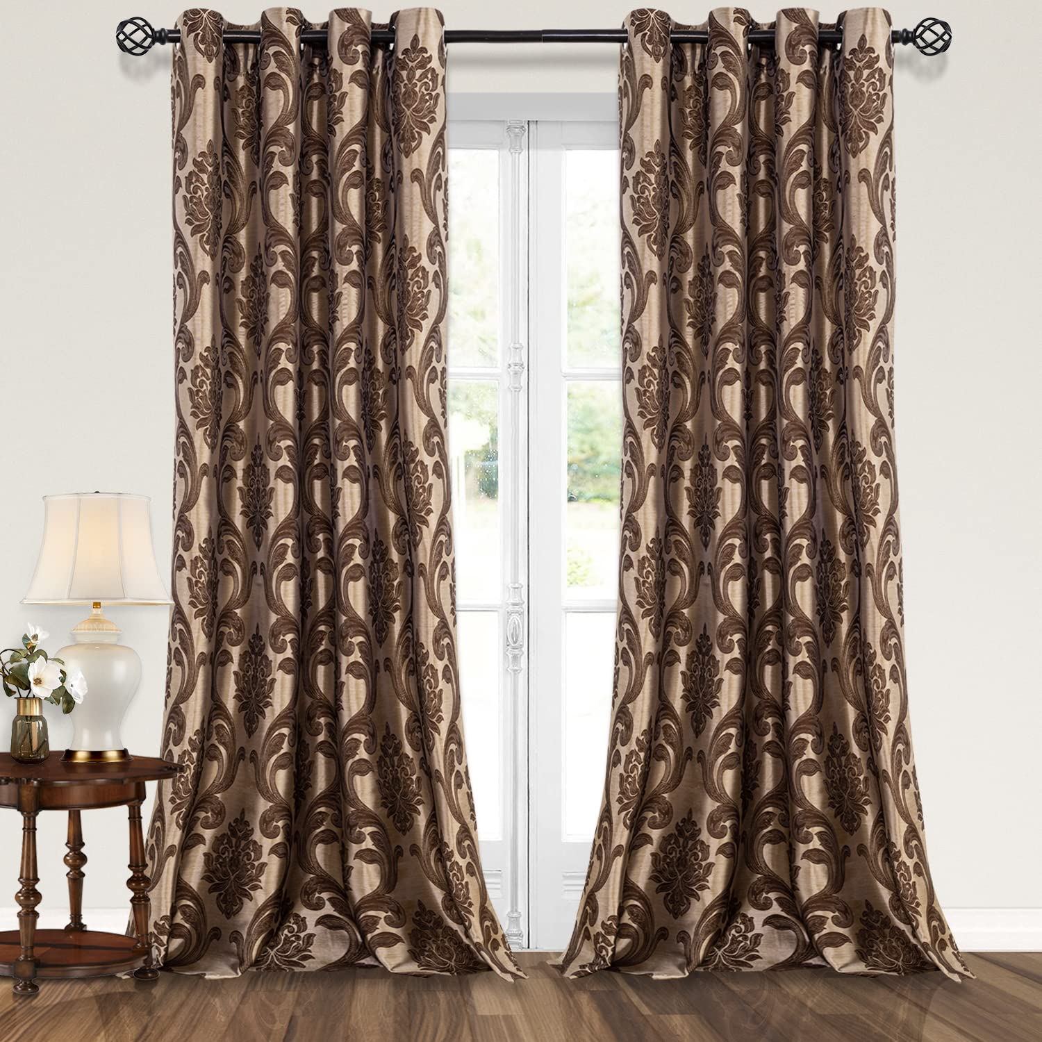 Luxury Brown Damask Jacquard Curtains for Living Room & Bedroom - Victorian Style Home Decor Drapes (2 Panels, 52x108 Inches Each) - Perfect for Elegant Window Treatments & Cozy Home Atmosphere
