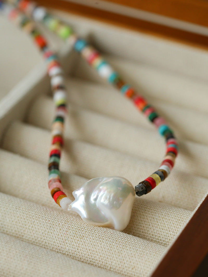 Rainbow Stone Beaded Necklace with Baroque Pearl - Elegant Bohemian Jewelry for Women - Perfect for Weddings, Parties & Everyday Wear