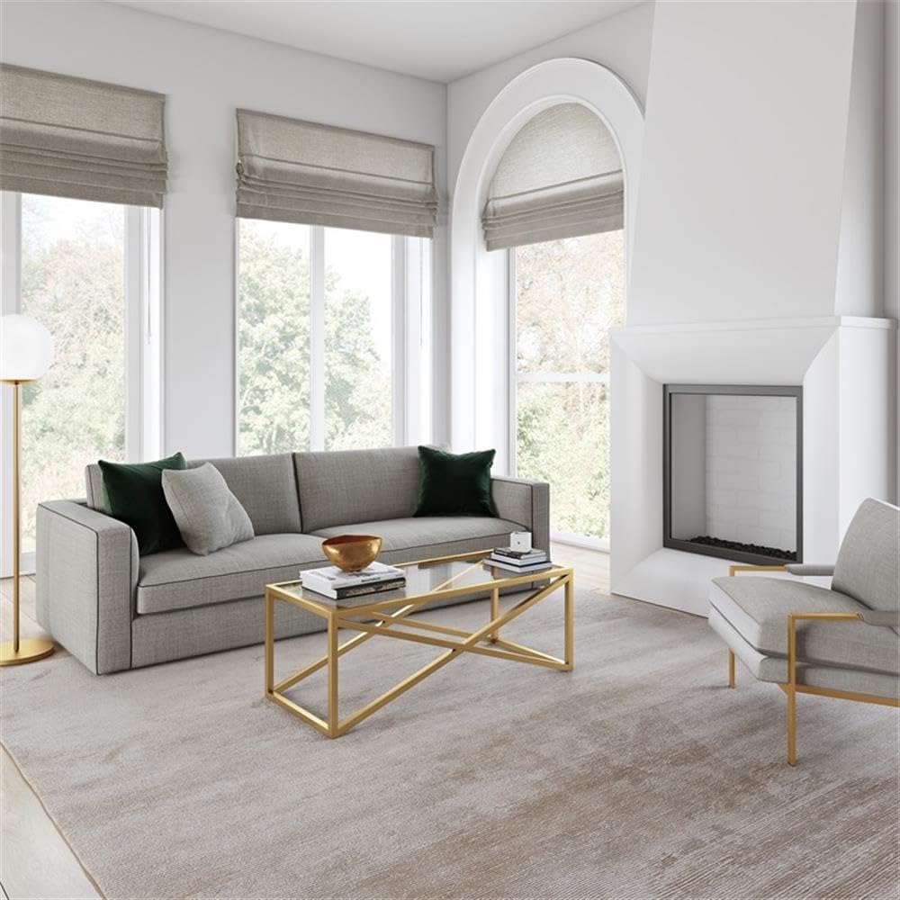 Pemberly Row Brass and Gold Rectangular Coffee Table with Tempered Glass Top - Modern Living Room Centerpiece for Home Decor