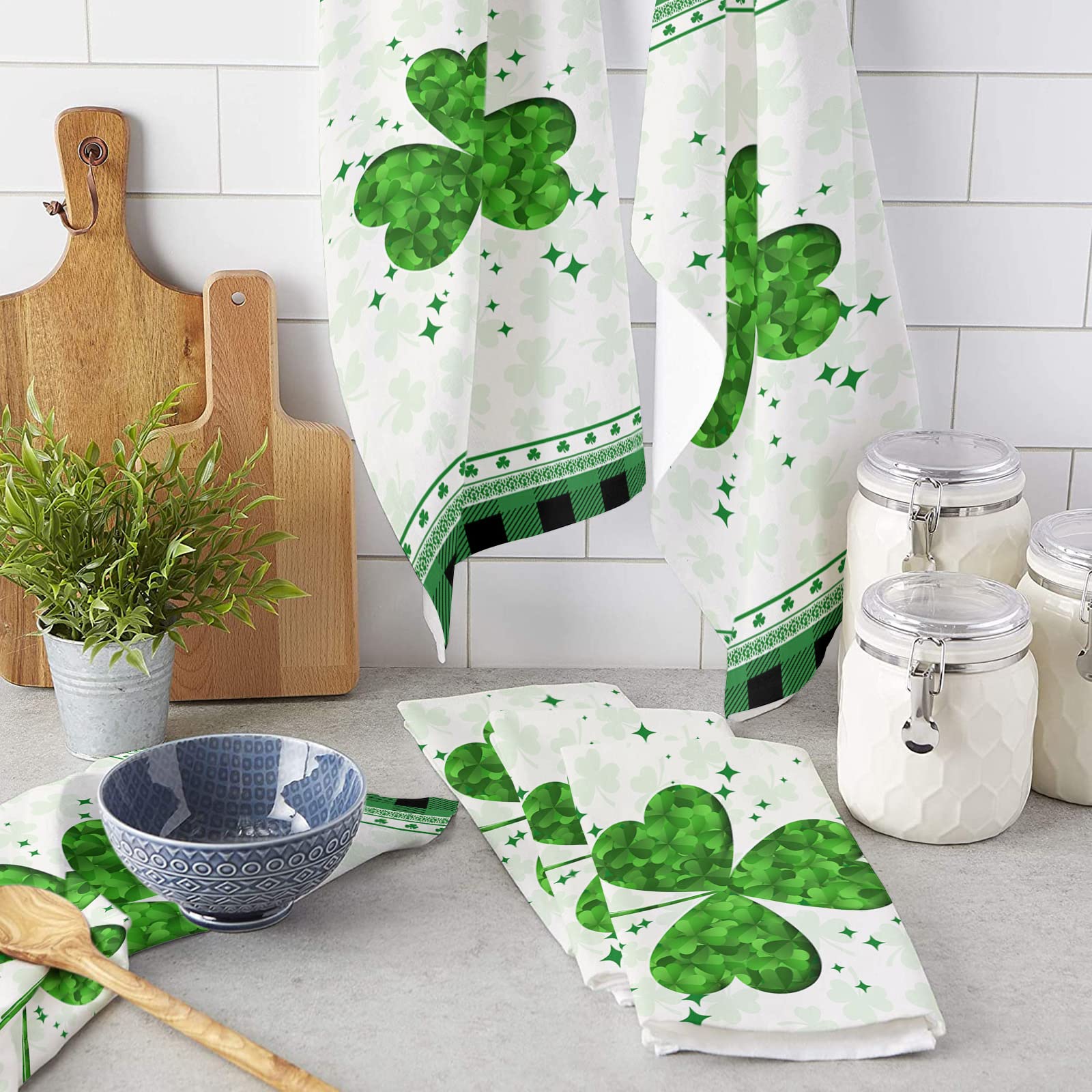 Premium Microfiber Kitchen Towels Set - 4 Pack Absorbent Reusable Dish Cloths (18x28 Inch) for Cleaning, Drying & Decor | St. Patrick's Day Shamrock Design | Ideal for Kitchen, Bar, Tea Service & Holiday Decorations