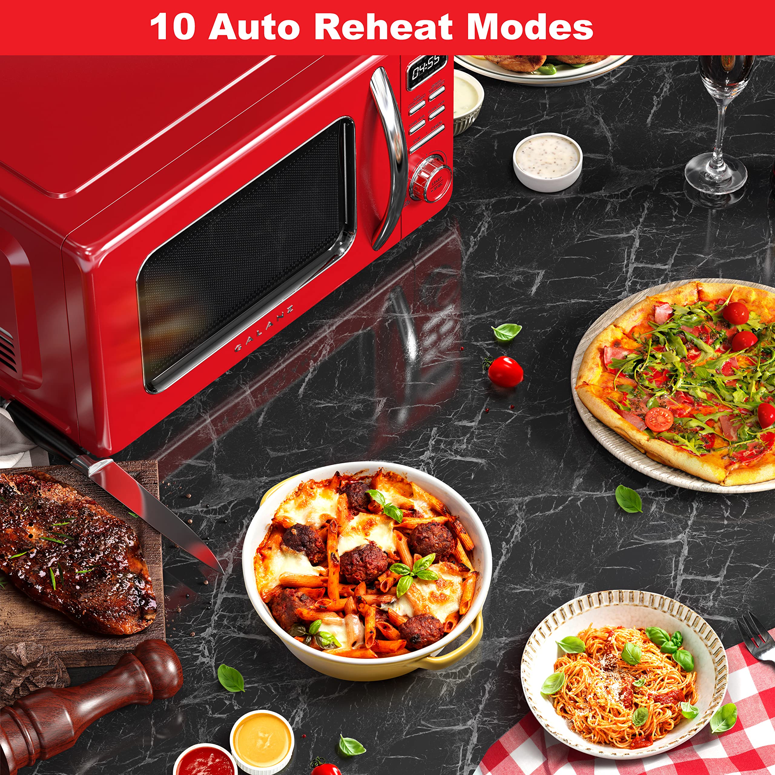 Galanz 1.1 Cu Ft Retro Red Microwave Oven with Auto Cook, Reheat & Defrost - Quick Start, Easy Clean Glass Turntable, Pull Handle - Perfect for Small Kitchens, Dorms & Office Break Rooms