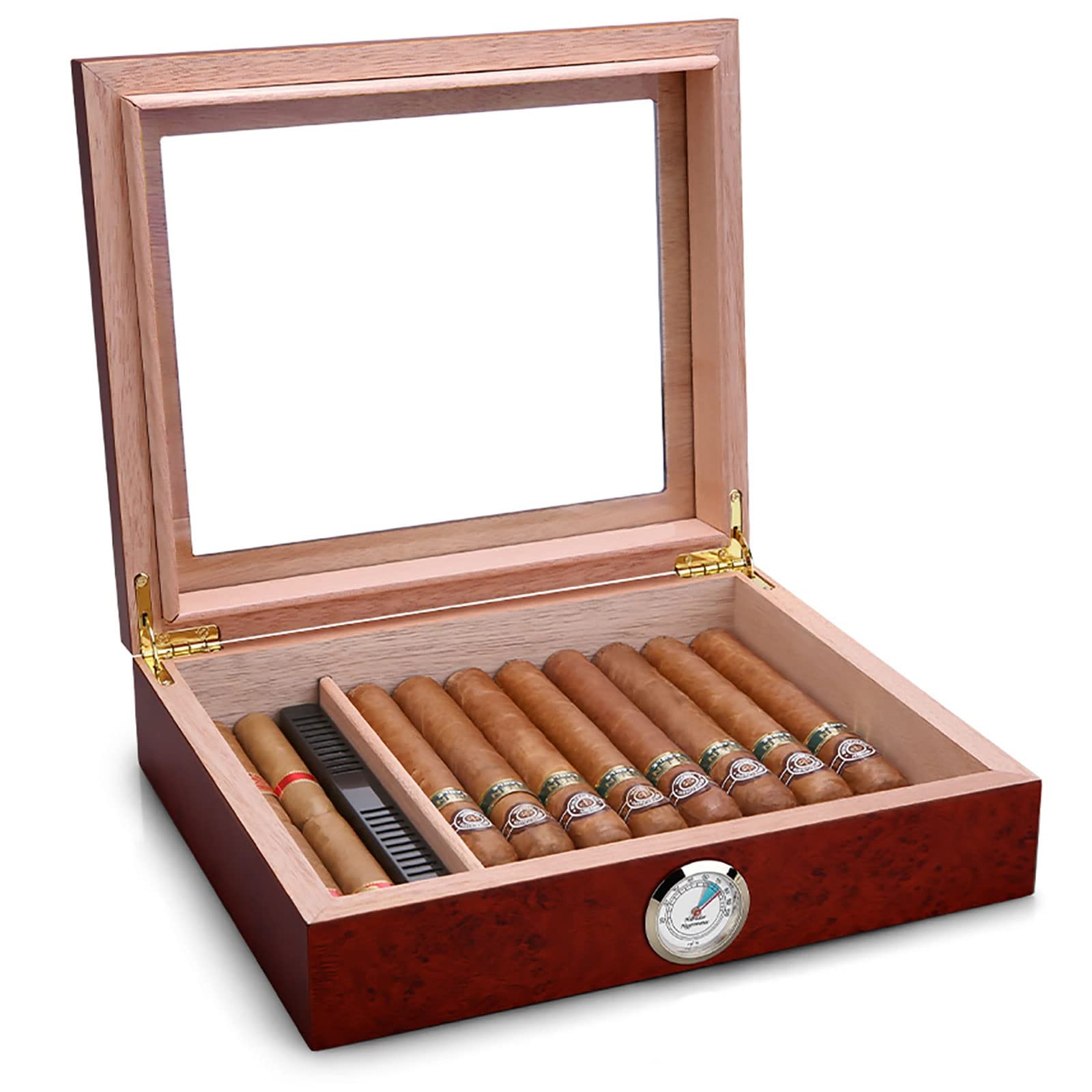 Premium JEEKOS Glass Top Cigar Humidor with Digital Hygrometer & Humidifier - 30-Capacity Cedar Wood Cigar Storage Box - Perfect Desktop Humidor for Men's Gifts & Home/Office Cigar Collection Display