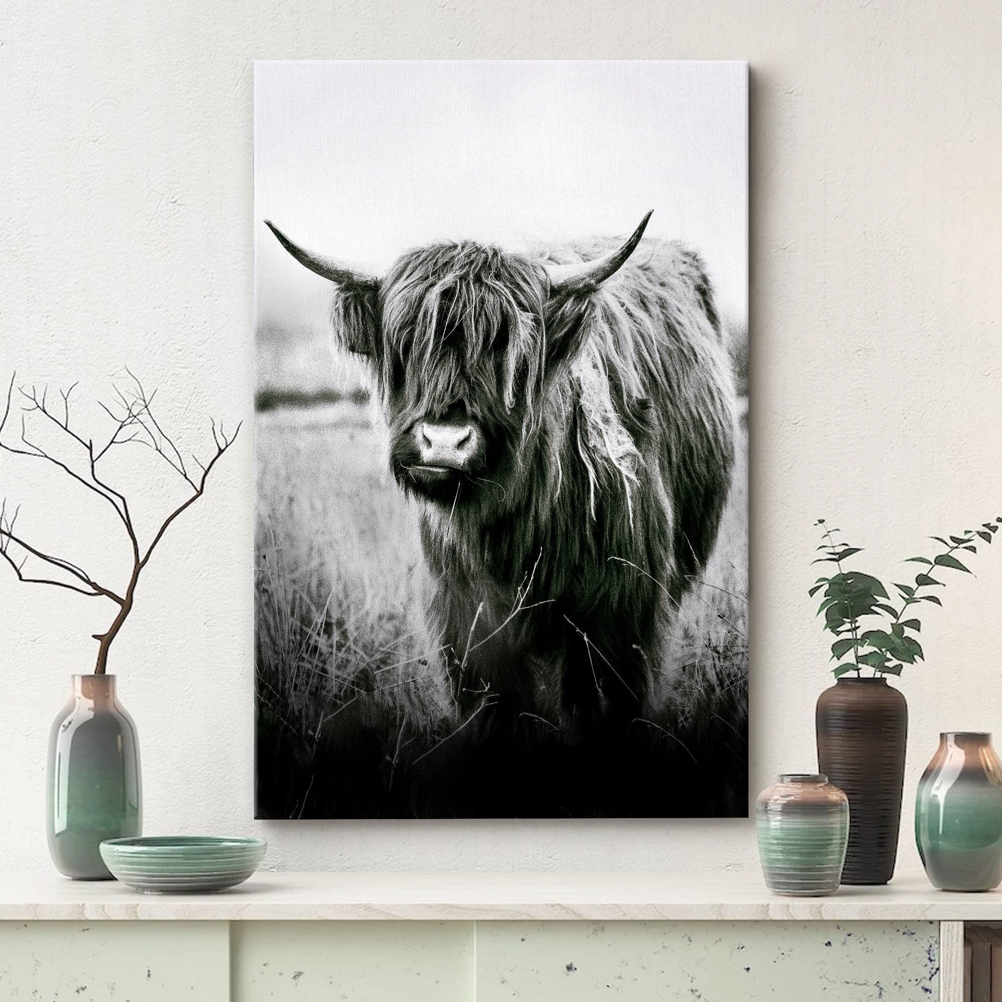 Premium Black & White Shetland Farm Cow Canvas Print - Modern Nature Photography Wall Art for Farmhouse & Country Decor - Calming Animal Portrait for Living Room, Bedroom, Office - 32x48 Inches - Perfect for Home, Office & Relaxation Spaces