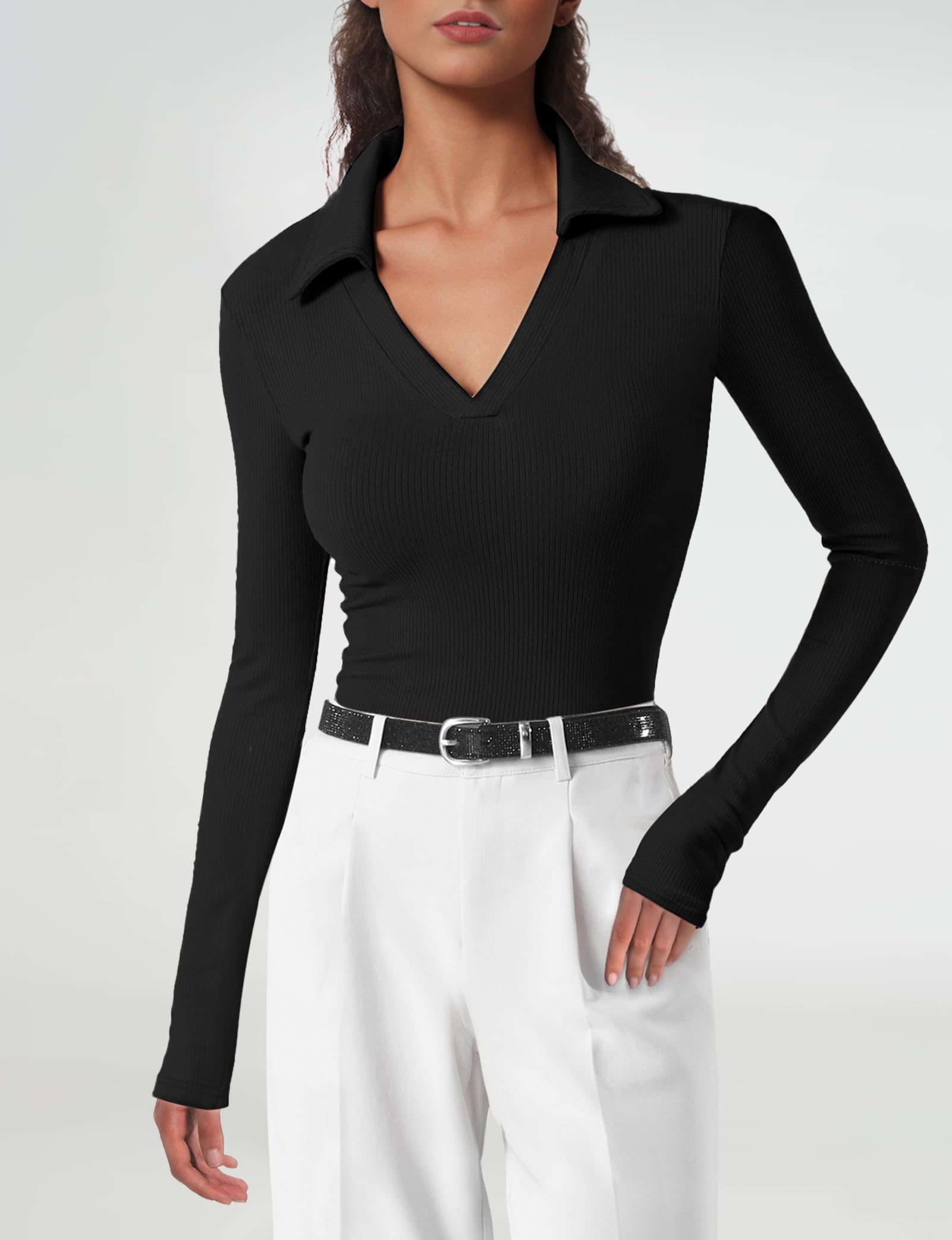 Women's Long Sleeve V-Neck Polo Shirts - Business Casual Work Tops, Slim Fit Collared Shirts for Office & Fall Outfits | Perfect for Workwear, Business Meetings & Smart Casual Occasions