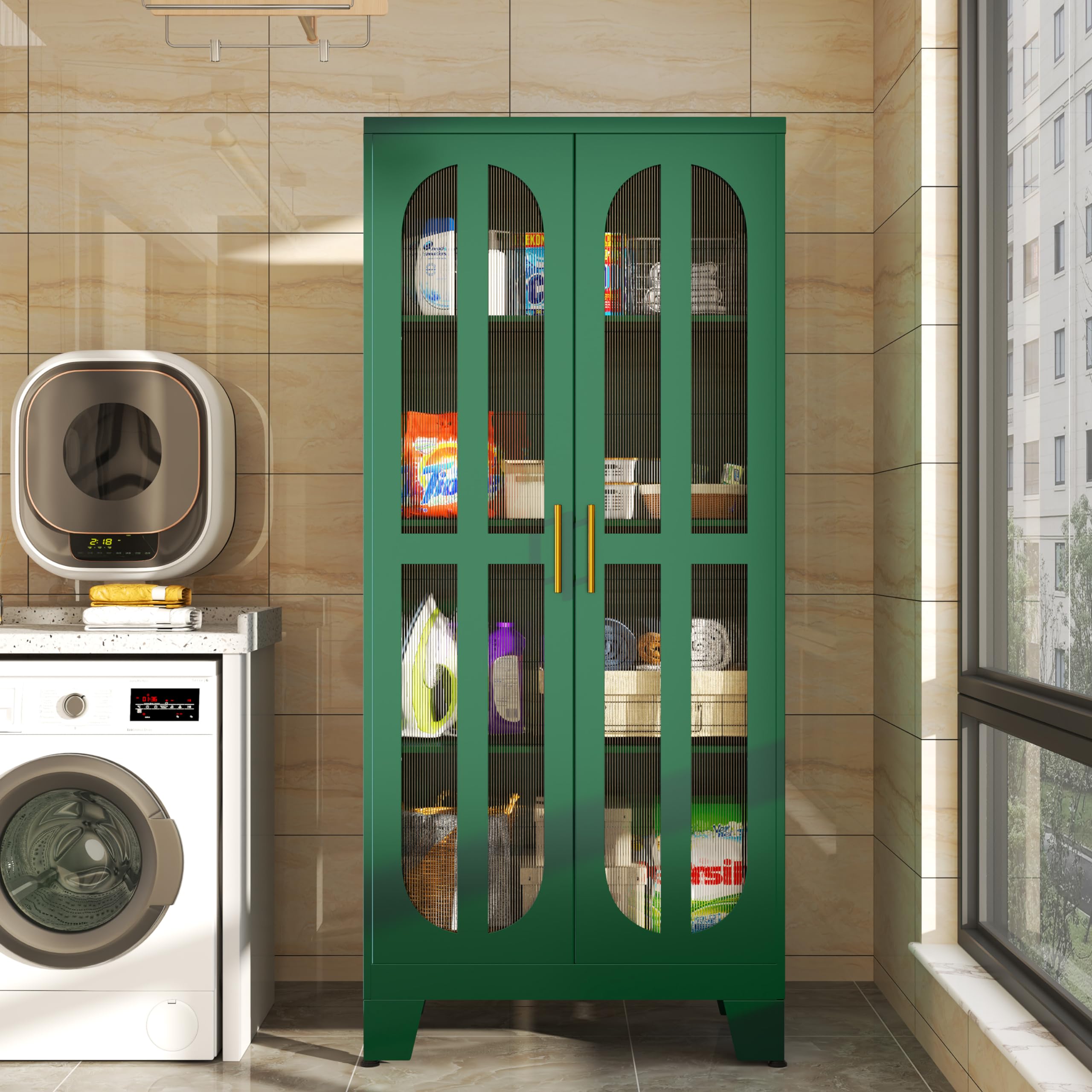 Stainless Steel Pantry Cabinet with Acrylic Glass Doors & Adjustable Shelves - 61 Inch Tall Kitchen Storage Organizer for Food, Dishes & Supplies - Perfect for Modern Kitchens, Dining Rooms & Laundry Areas