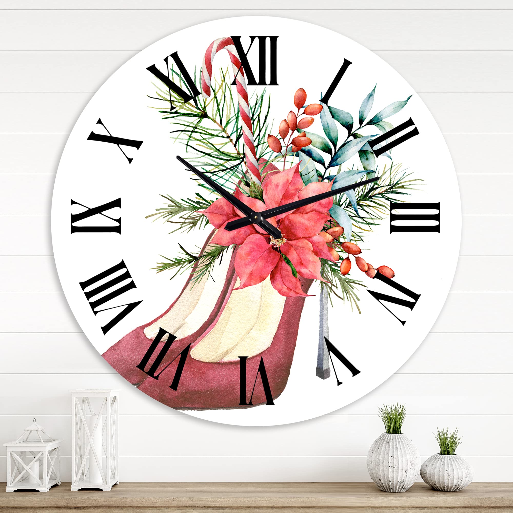 DesignQ Red Suede Heel Shoe Wall Clock with Christmas Floral Decor - Large Traditional Wall Clock for Home, Office & Living Room Decor - Perfect for Christmas Gifts, Housewarming & Interior Design