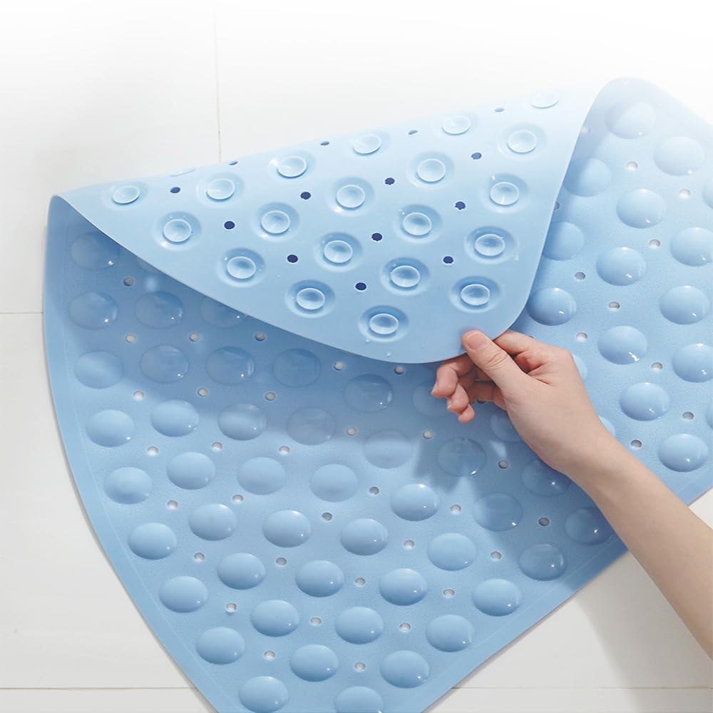 Non-Slip Corner Shower Mat 27.5x27.5 Inch - Quick Dry Bath Mat with Strong Suction Cups & Drain Holes, Machine Washable Shower Stall Mat for Bathroom Safety (Khaki) - Perfect for Wet Rooms, Spa Showers & Elderly Bathing Areas