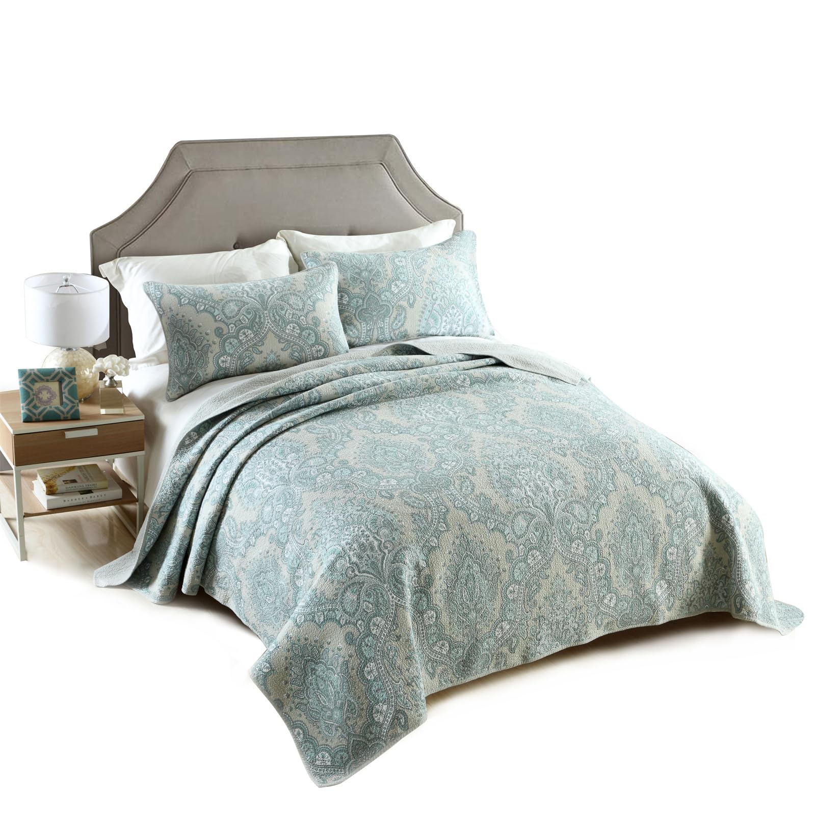 ABREEZE 3-Piece Cotton Coverlet Quilt Bedspread Set - Queen Size, Soft & Comfortable Farmhouse Style Bedding, Blue Paisley Design - Perfect for Guest Rooms, Master Bedrooms & Cozy Farmhouse Decor