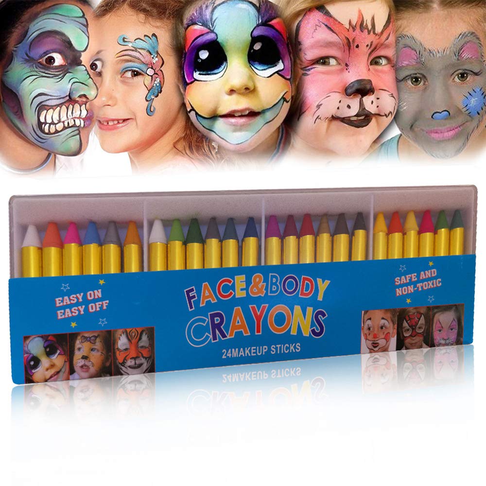24 Colors Face and Body Paint Crayons - Non-Toxic Washable Tattoo Sticks for Halloween, Cosplay, Face Painting & Kids Party Makeup