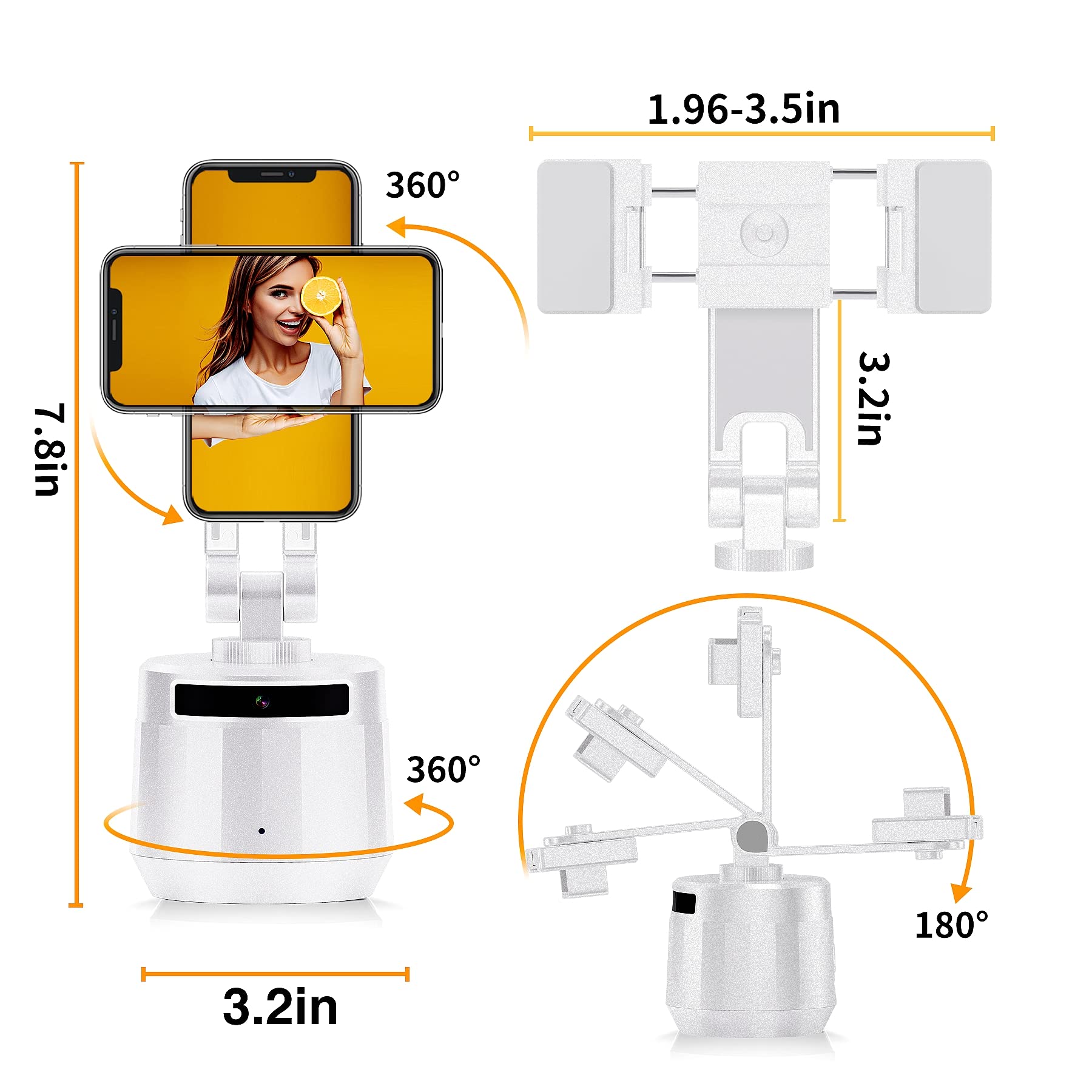 Auto Face Tracking Tripod Stand with 360° Rotation - No App Needed, Rechargeable Remote Control Phone Holder for iPhone & Android - Perfect for TikTok, YouTube Videos, Vlogging & Live Streaming (White)