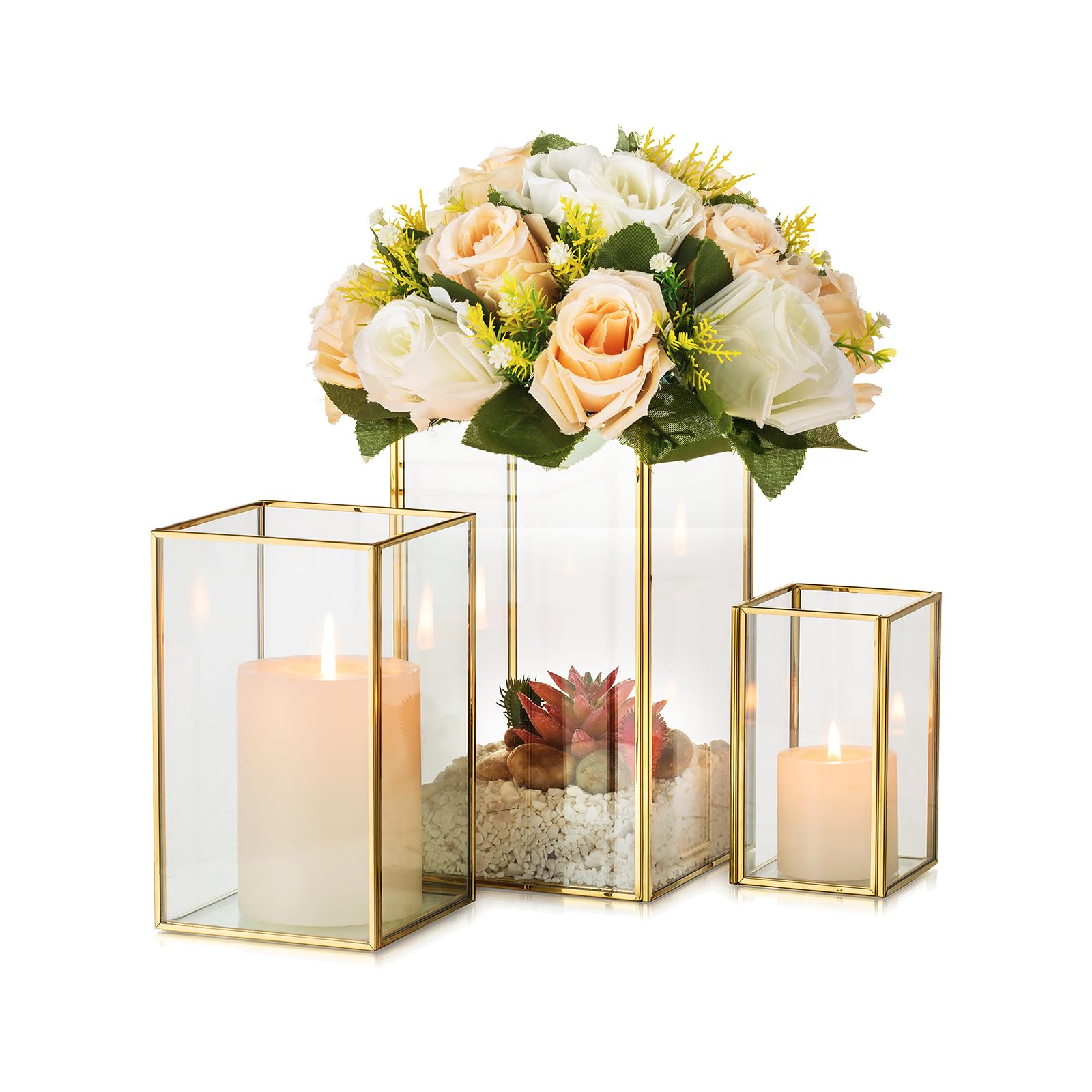 Hewory Glass Hurricane Candle Holder Set of 3 - Gold Metal Frame Square Clear Candle Holders for Wedding, Christmas, Engagement, Birthday Party Decor - Perfect for Table Centerpieces, Home Decor, and Romantic Ambiance