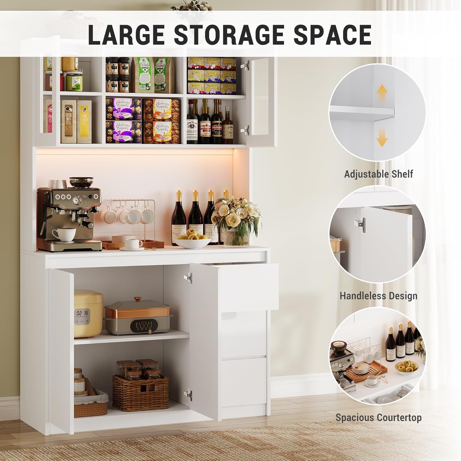 Modern White Kitchen Pantry Cabinet with LED Lights - Charging Station & Microwave Stand - Tall Buffet Cabinet with Countertop - Perfect for Small Kitchens, Dining Rooms & Home Organization