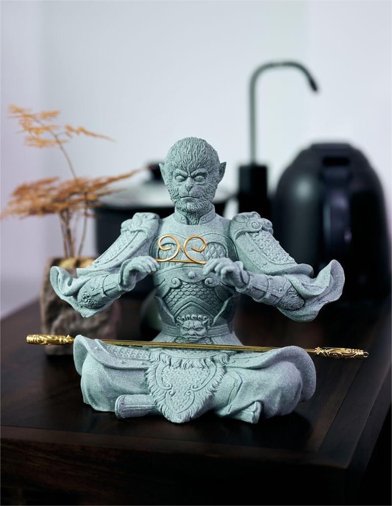 Black Myth: Wukong Sandstone Tea Pet Ornament - Handcrafted Chinese Zen Decor for Tea Ceremony, Office Desk & Meditation Space