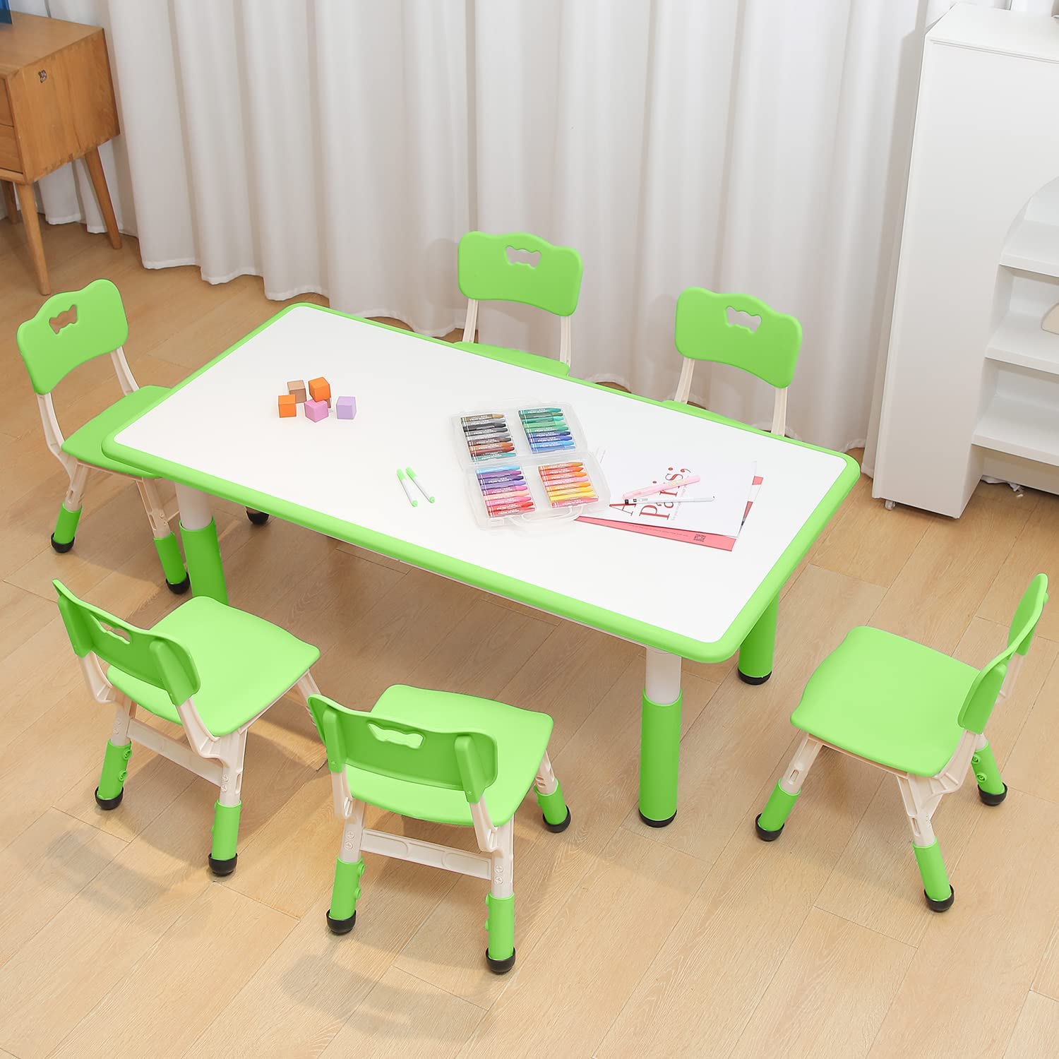 Adjustable Kids Table and Chair Set for Ages 2-12 - 6-Piece Preschool Furniture with Drawing Surface - Perfect for Classrooms, Daycares & Home Learning Spaces