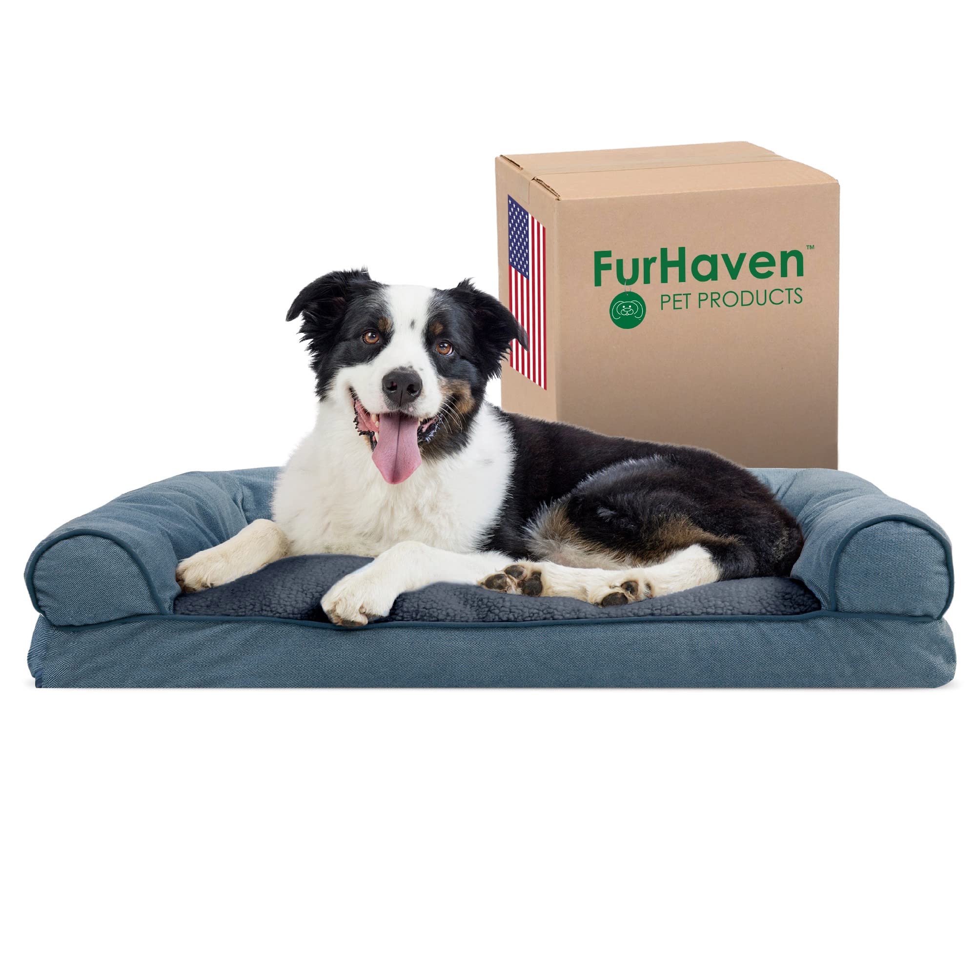 Furhaven Orthopedic Dog Bed for Large & Medium Dogs - Removable Bolsters & Machine Washable Cover - Plush Sherpa & Chenille Sofa Style - Orion Blue (Large) - Perfect for Living Room, Bedroom & Pet-Friendly Spaces