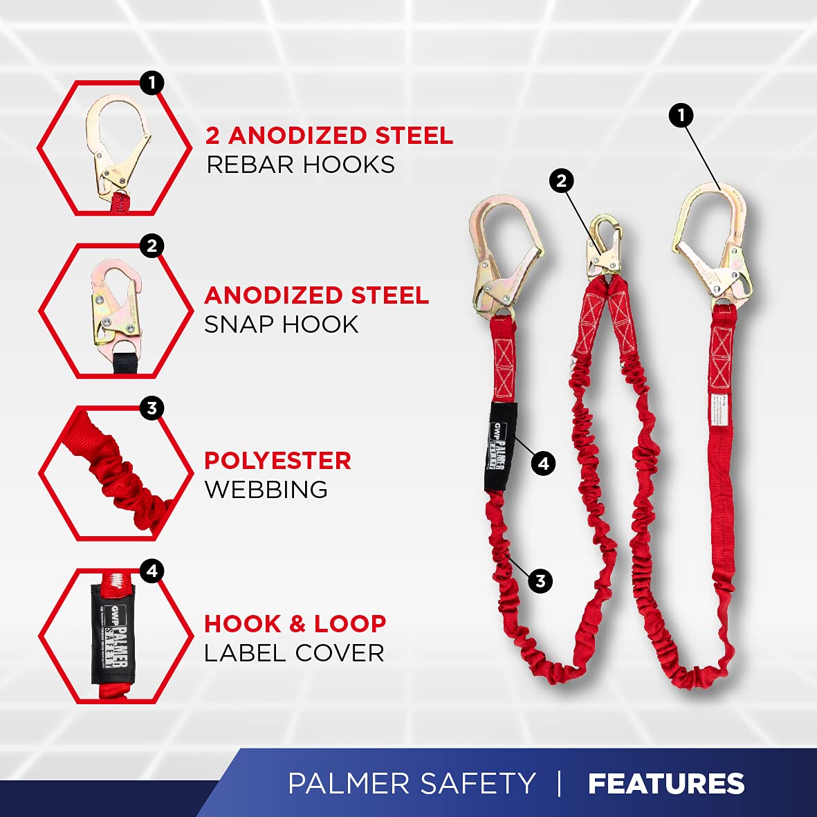 Palmer Safety Fall Protection Hammerhead Kit - 5 Point Safety Harness, 6ft Double Leg Lanyard, 18 Inch D-Ring Extender (Red, Large) | OSHA Compliant Construction Work Gear for Roofing, Window Cleaning & Industrial Safety