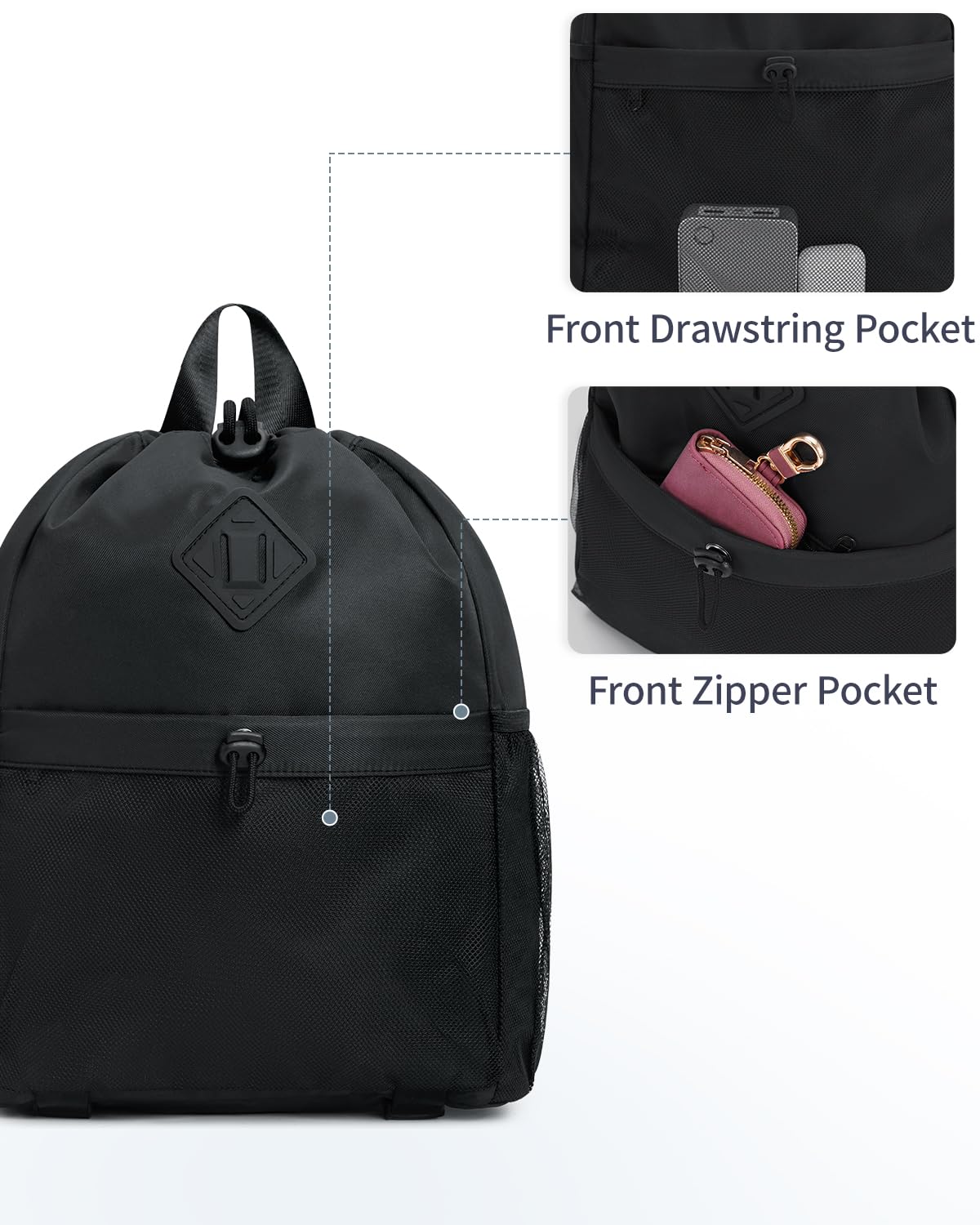 **WANDF Drawstring Backpack - Lightweight Water-Resistant Sports Gym Bag with Yoga Mat Strap & Mesh Pocket for Men & Women - Perfect for Yoga, Gym, Travel & Outdoor Activities (Black, Patent Pending)**