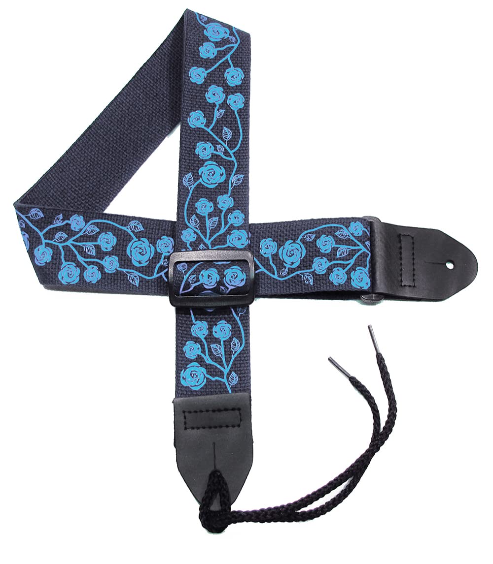 Girls Guitar Strap 2 Inch Wide Cotton Guitar Strap with Blue Roses - Adjustable Soft Padded Shoulder Strap for Acoustic & Electric Guitars - Perfect for Kids, Teens & Beginners Playing at Home or Performances