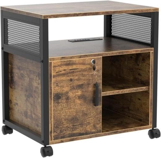 Locking Lateral File Cabinet with USB Charging Port - Modern Rolling Office Storage Cabinet with Wheels for Printer, Scanner & Fax - Brown Home Office Furniture for Workspace Organization