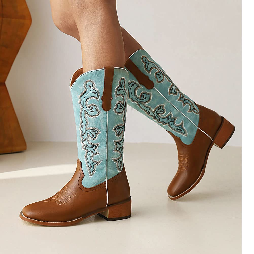 Tscoyuki Women's Floral Embroidered Cowboy Boots - Fashion Western Pointed Toe Mid Calf Boots with Chunky Low Heel | Perfect for Country Music Festivals, Rodeos & Western Style Outfits