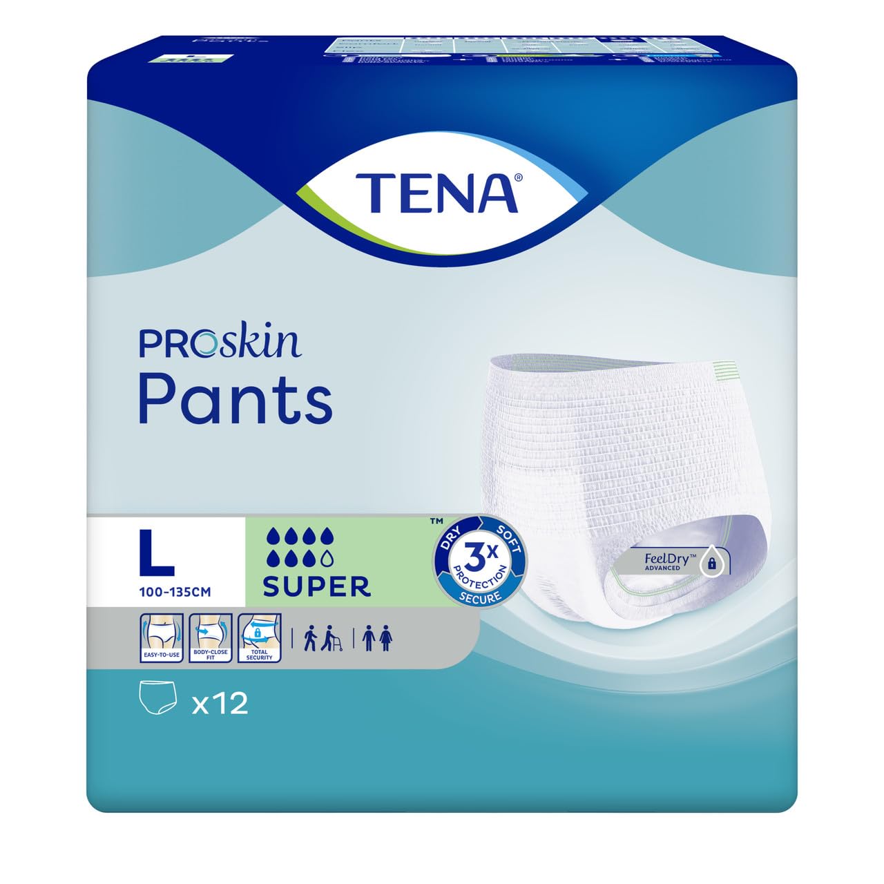 Tena Super Absorbent Incontinence Pants for Women & Men - Large Size (12 Count) - Overnight Protection for Heavy Leakage, Comfort & Discretion