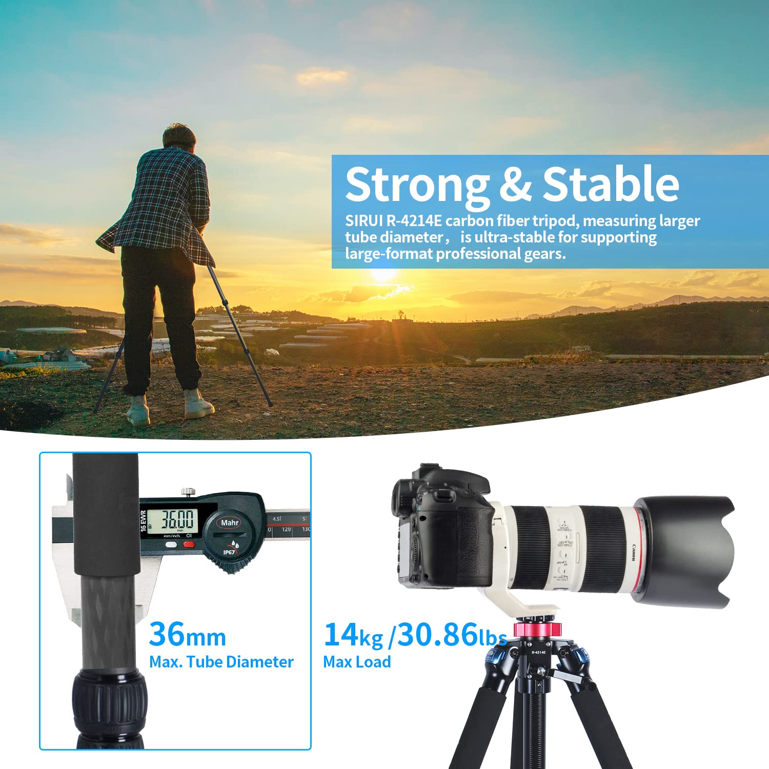 SIRUI R-4214E Heavy-Duty Carbon Fiber Tripod with Geared Center Column - 70