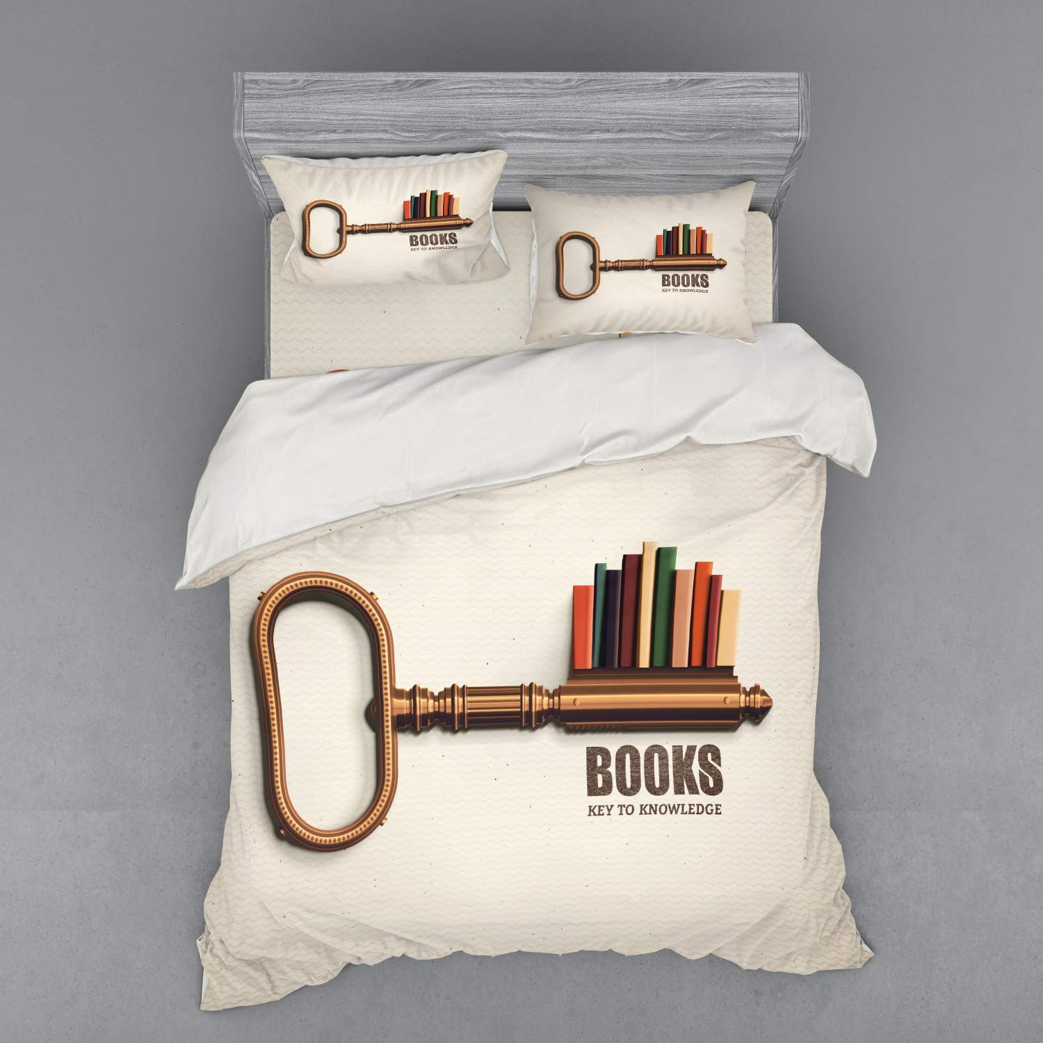 Ambesonne Book Themed Duvet Cover Set - Queen Size 4-Piece Bedding with Key-Shaped Bookshelf & Colorful Books Print, Includes Shams & Fitted Sheet - Perfect for Book Lovers' Bedroom Decor & Reading Nook
