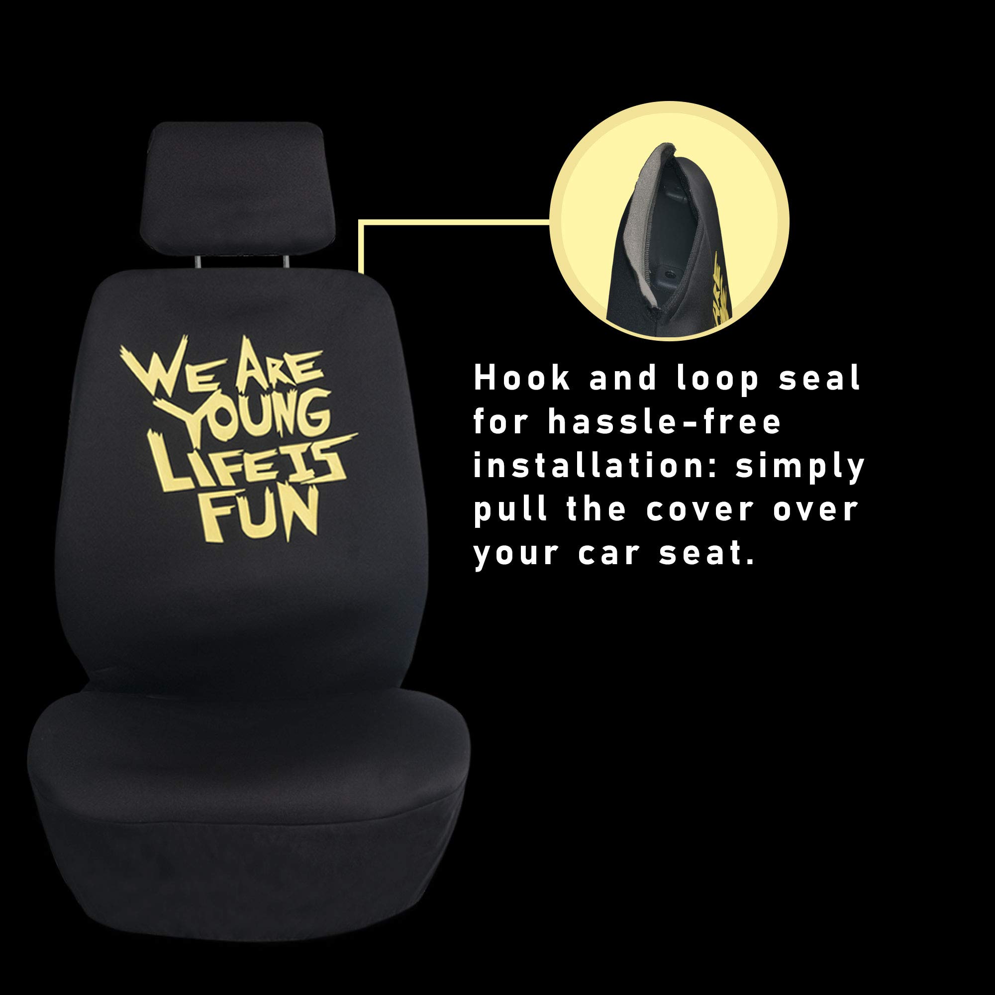 We Are Young Life is Fun™ Full Set Car Seat Covers (Red & Black) + Car Floor Mats with Heel Pad - Universal Fit for Most Cars, Trucks, SUVs & Vans | Premium Car Interior Protection & Comfort Upgrade