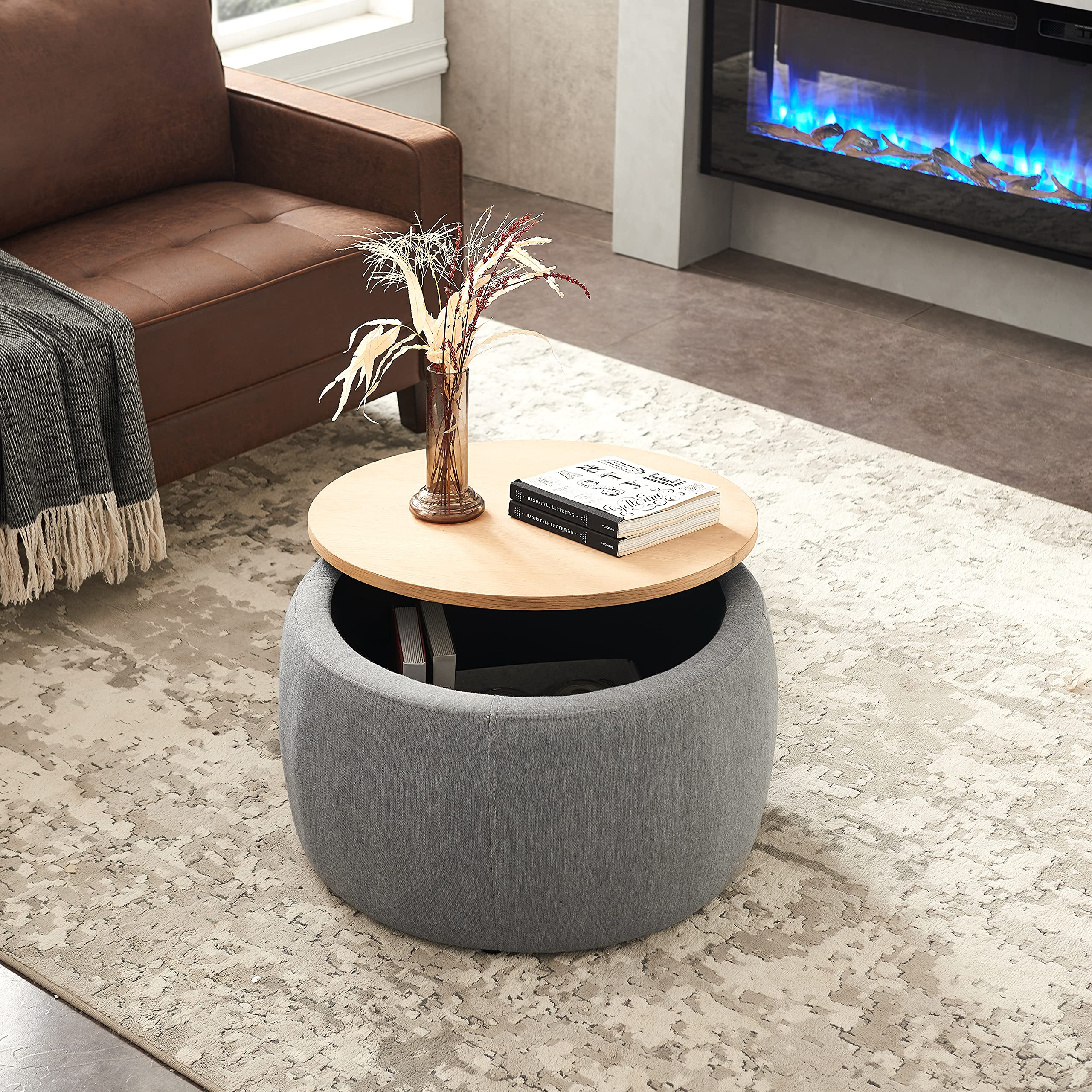 JT Round Storage Ottoman with Coffee Table Function - 2 in 1 Multifunctional End Table & Ottoman, Dark Grey - Perfect for Living Room, Bedroom & Small Space Organization