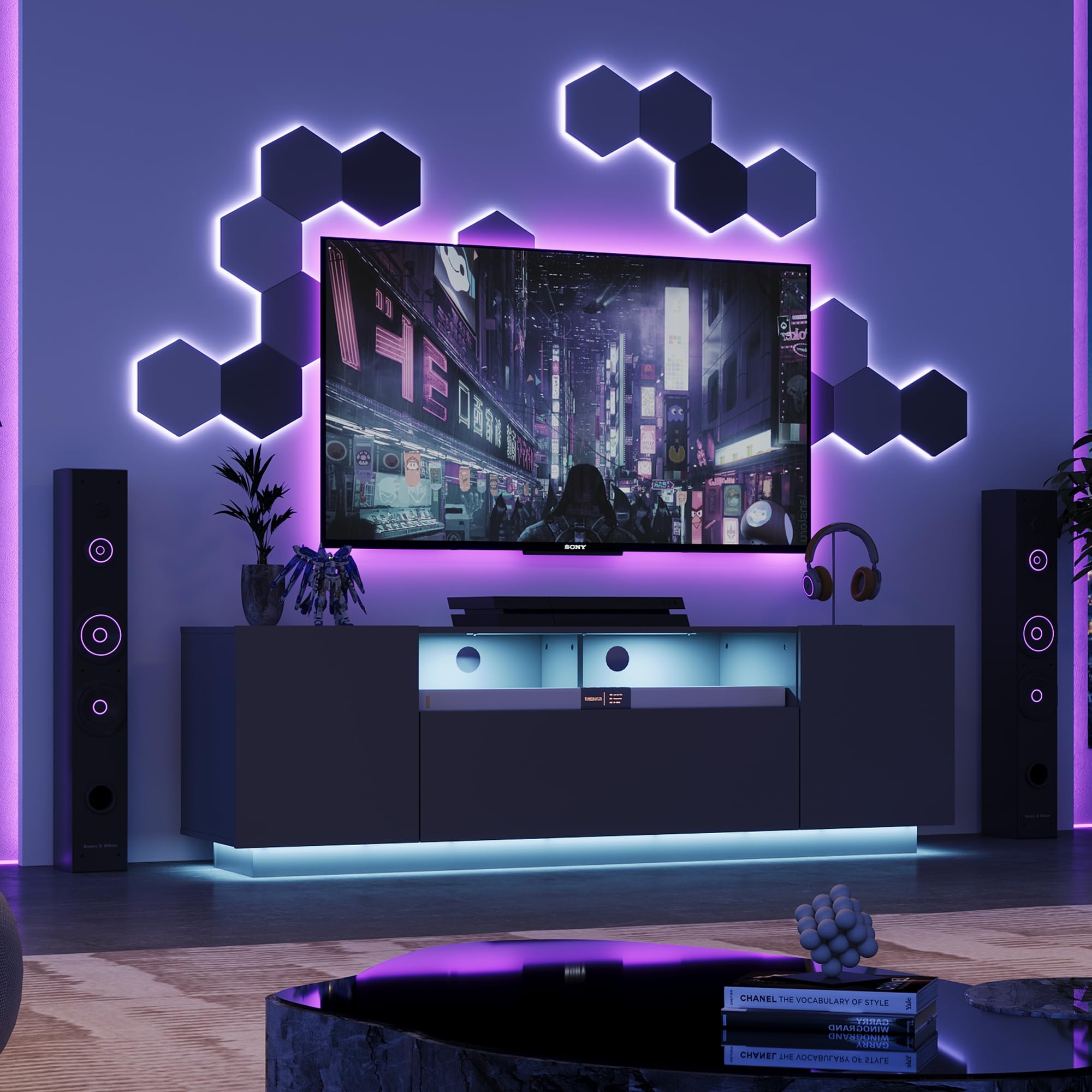 Modern TV Stand for 65 Inch TV with LED Lights & Storage Cabinet - 58