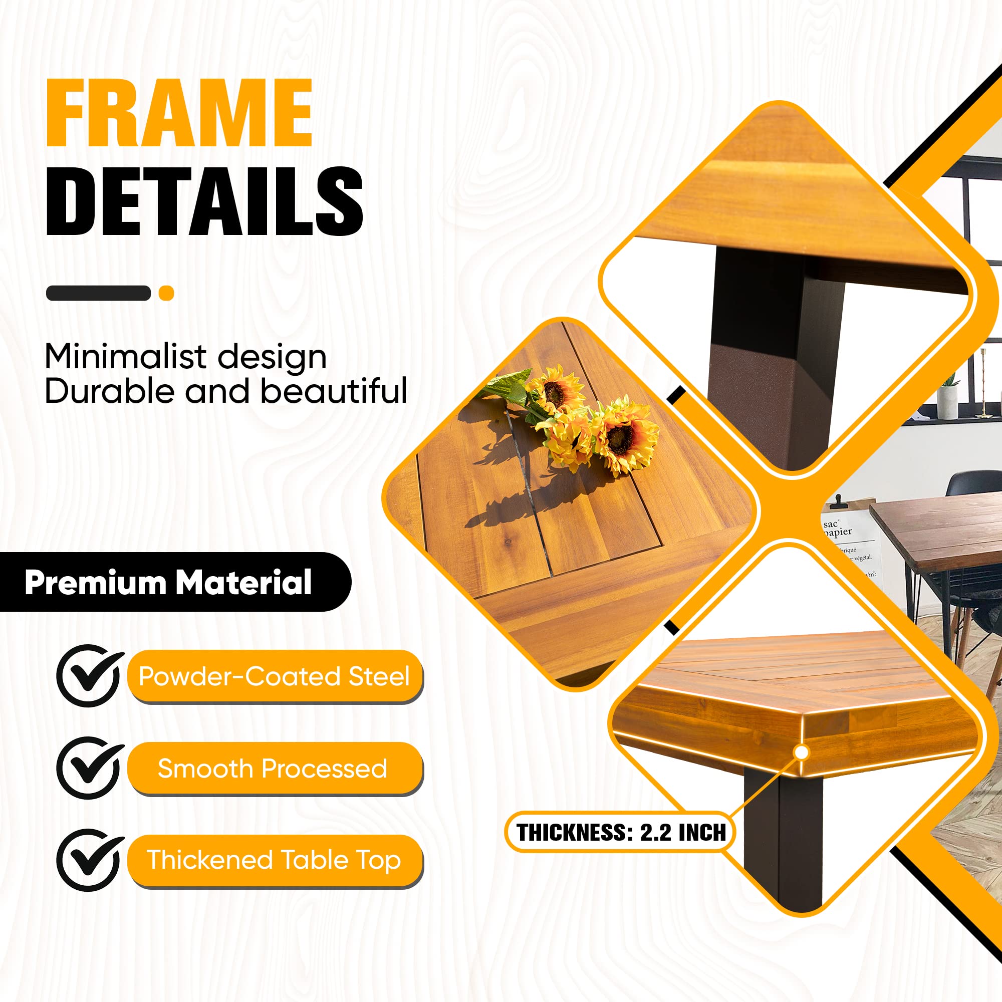 Flamaker 6-Person Acacia Wood Dining Table with Iron Legs - Indoor Outdoor Rectangular Kitchen Table for Home, Deck, Sunroom & Patio | Perfect for Family Gatherings & Outdoor Entertaining
