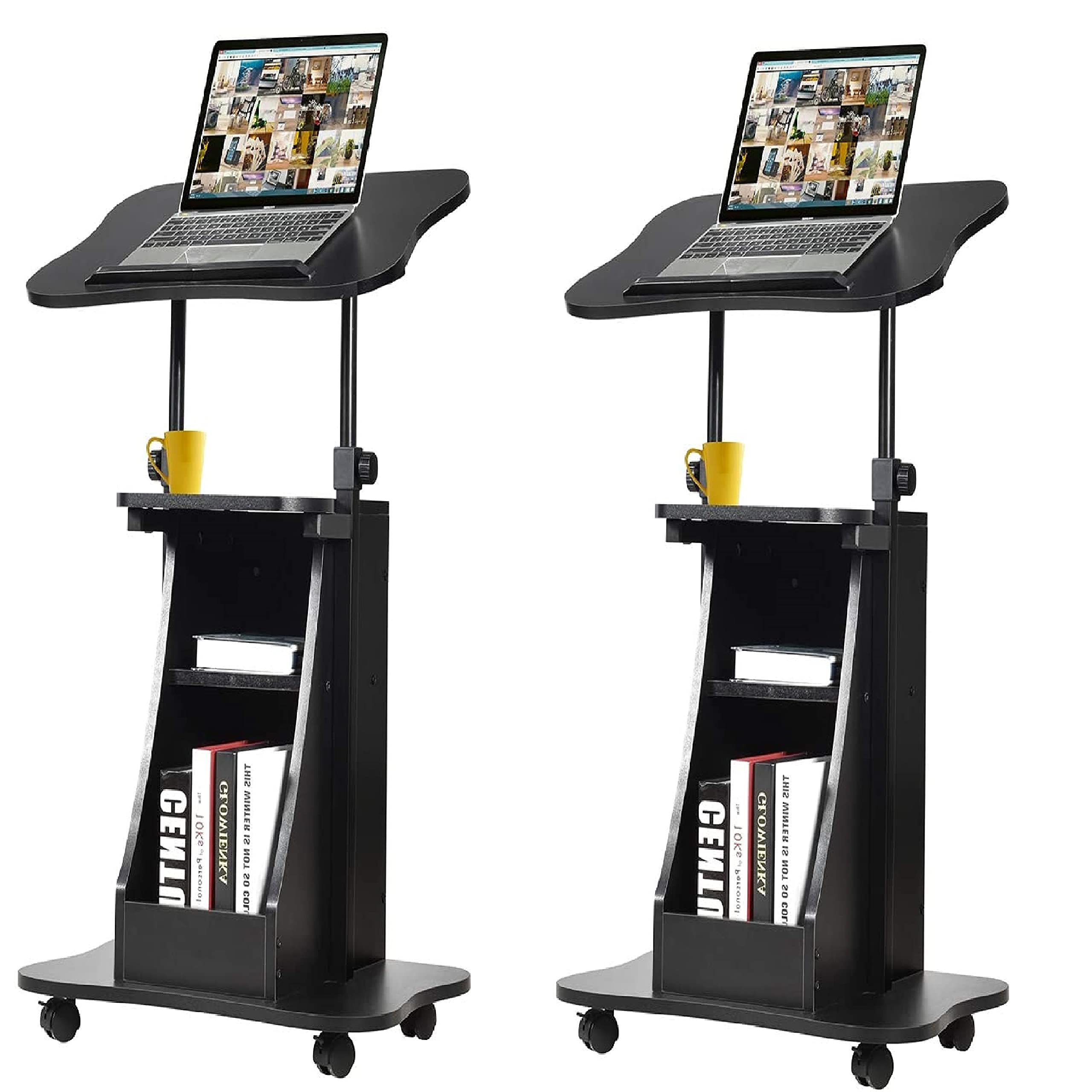 Height Adjustable Mobile Laptop Podium Stand - Rolling Sit to Stand Lectern with Swivel Top & Lockable Wheels, Computer Desk with Shelves for Classroom, Church, Home Office & Conference Room Presentations