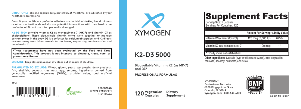 Xymogen K2 D3 5000 IU Vitamin D3 Supplement - Supports Bone & Immune Health (60 or 120 Count) - Ideal for Daily Wellness & Immune Support