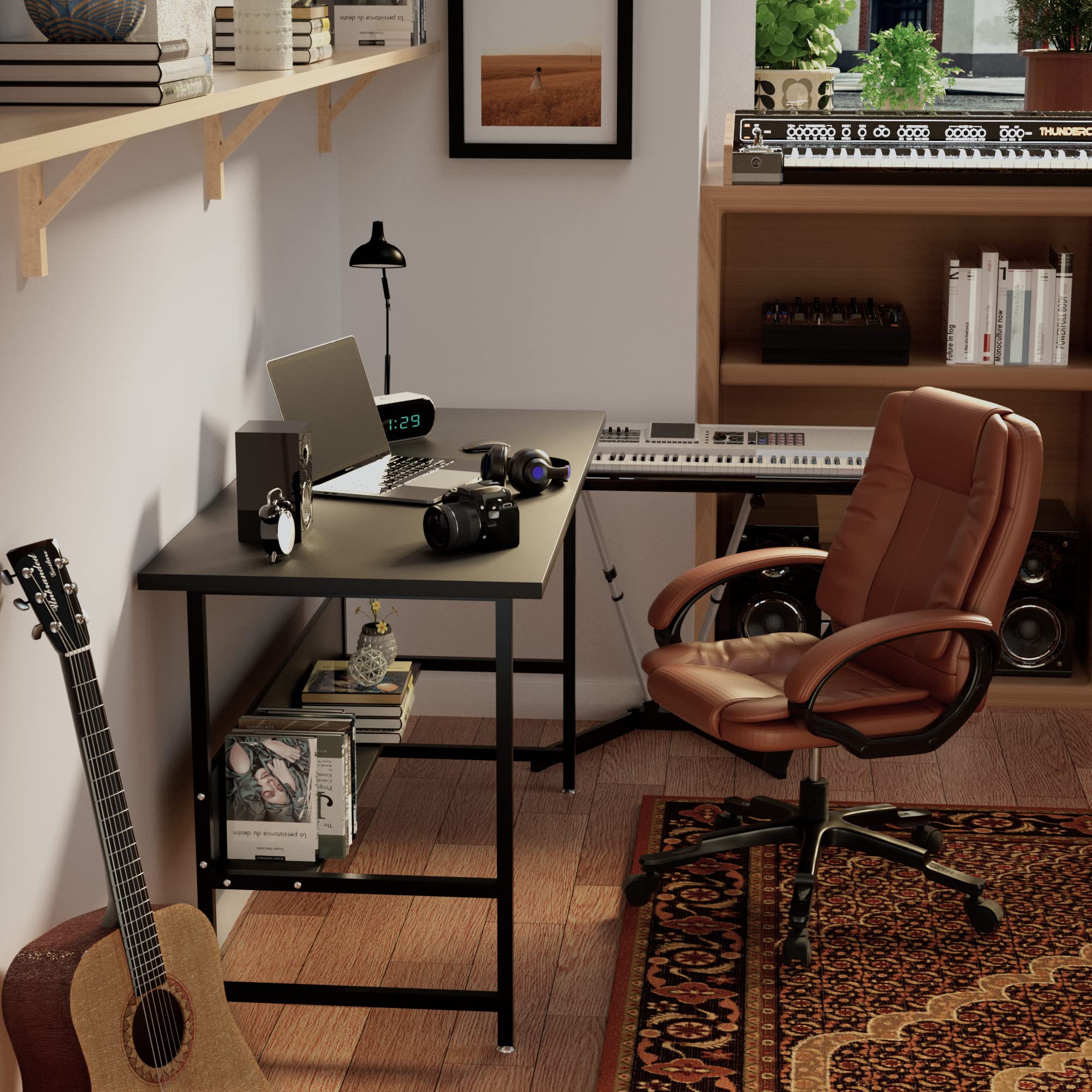 Black U-Shaped Steel Leg Office Desk with Bookshelf - Simple & Modern Computer Desk for Home Office, Study, Living Room & Bedroom - Perfect for Working, Reading & Writing